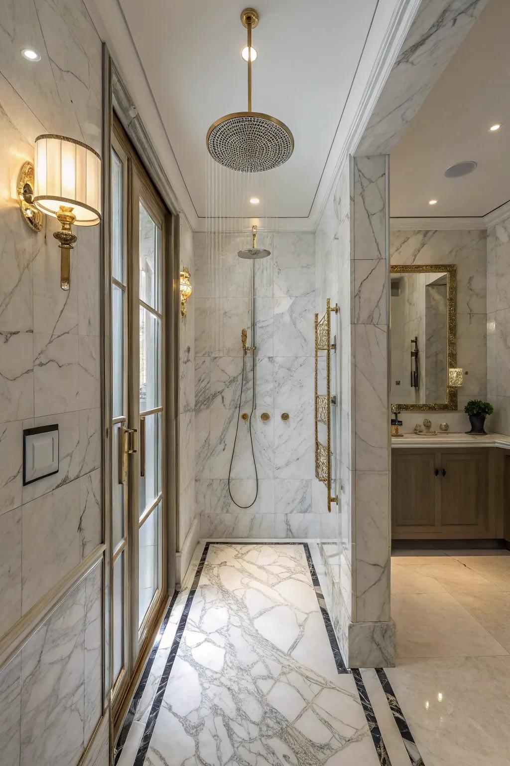 Shower clad in luxurious marble creating an elegant atmosphere