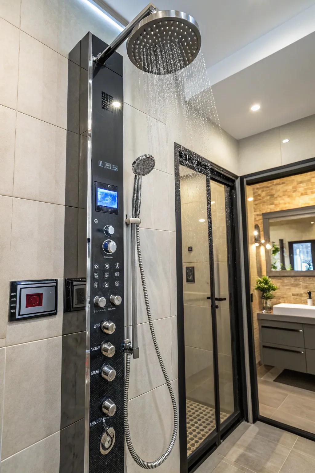 High-tech shower with digital control panel and ambient lighting