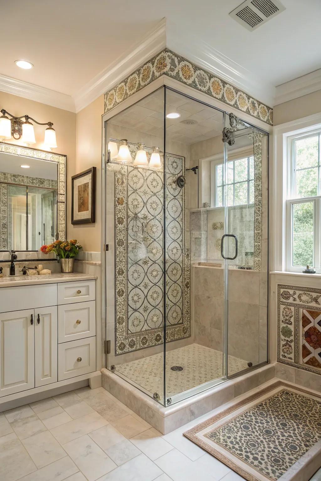 Open-plan shower featuring glass walls highlighting tile artistry