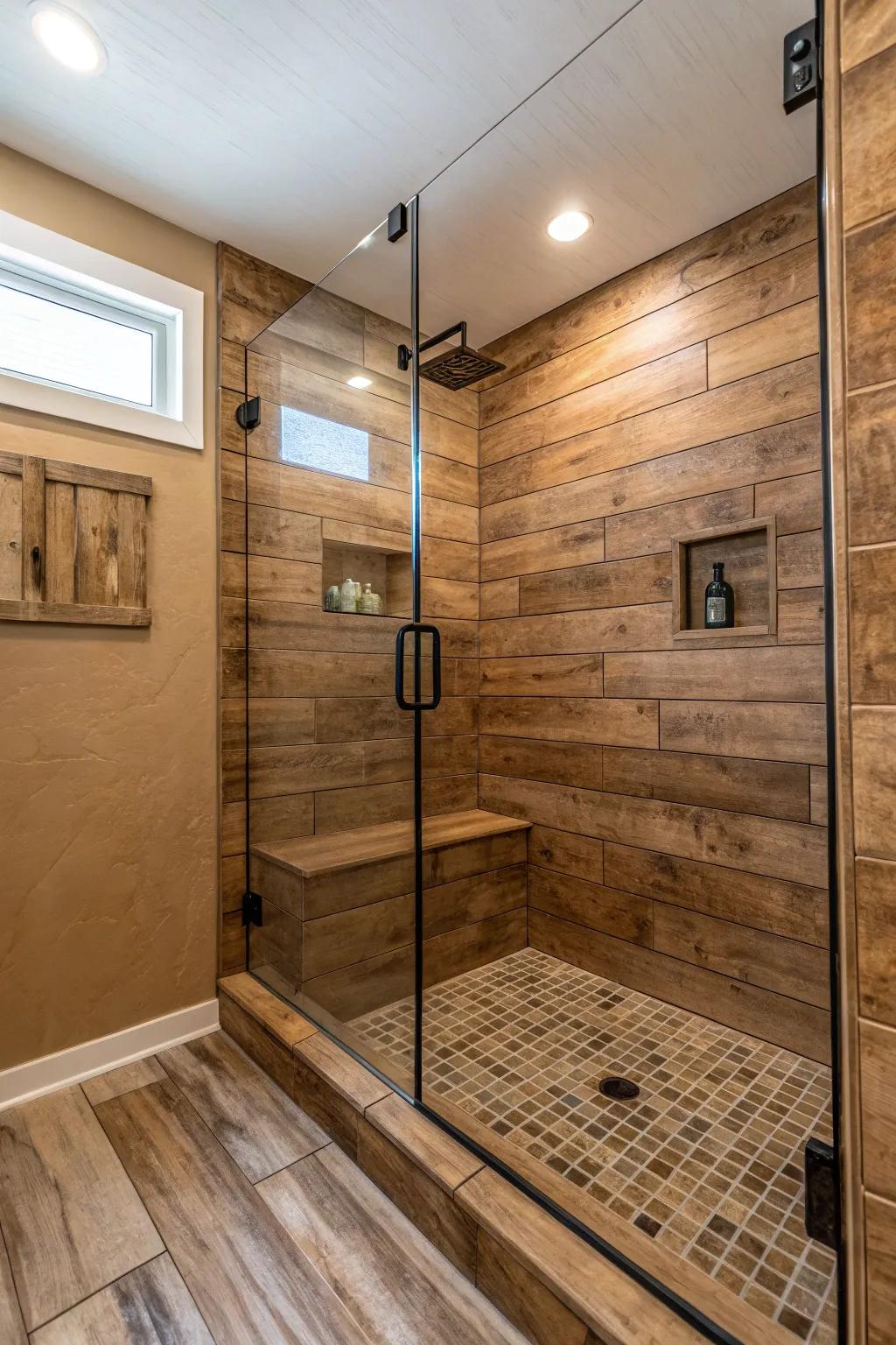 Wood-look tiles warm up bathroom spaces