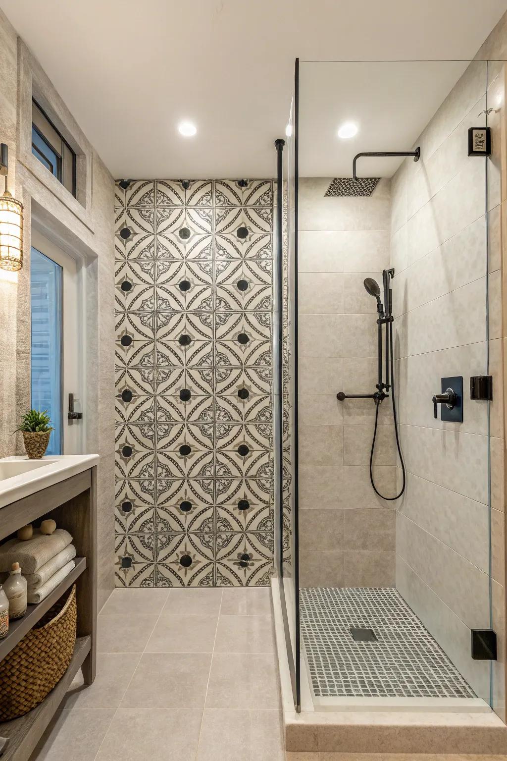 Bold accent wall in walk-in shower