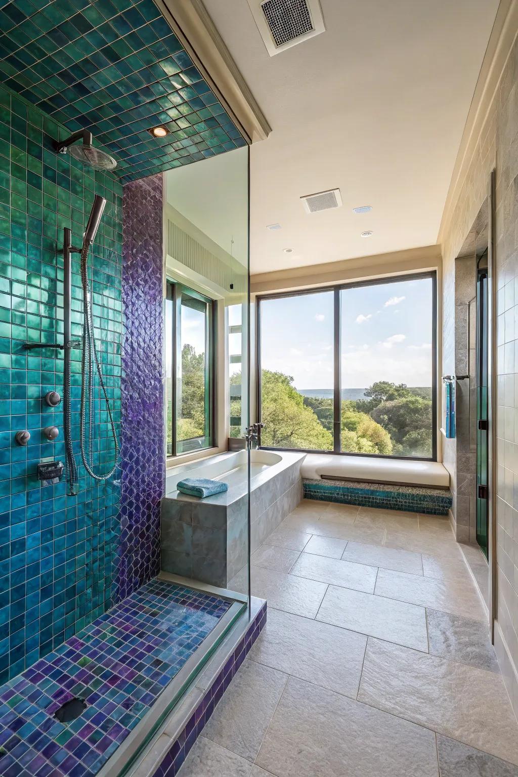 Vibrant jewel-colored tiles add luxury to showers