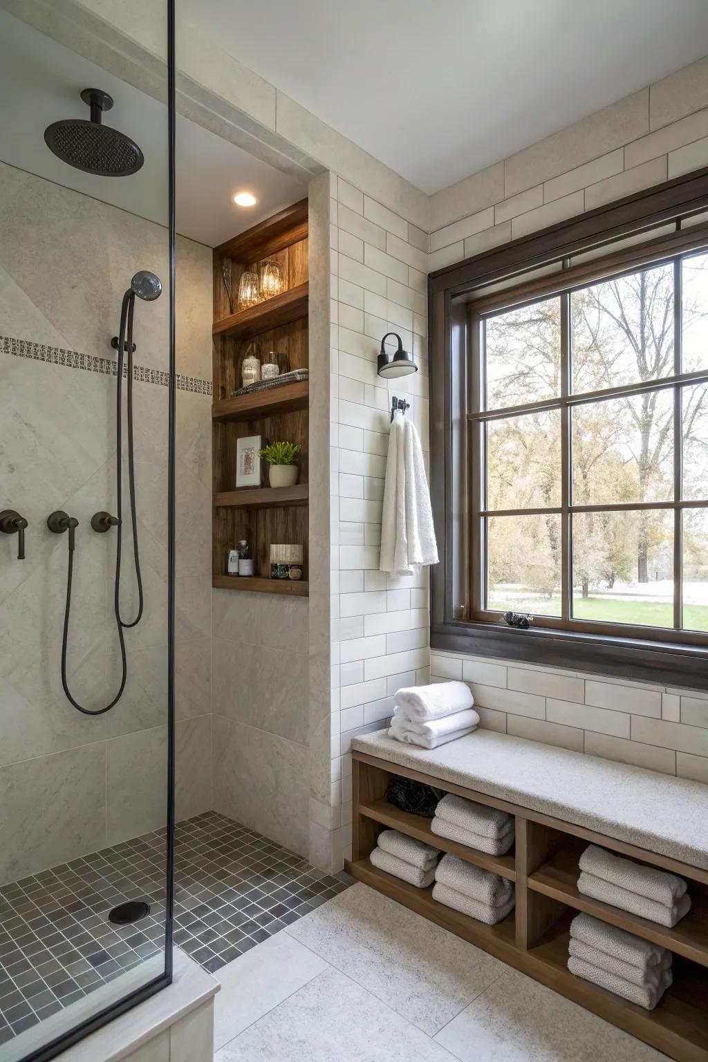 Incorporated shelves and benches enhance shower utility