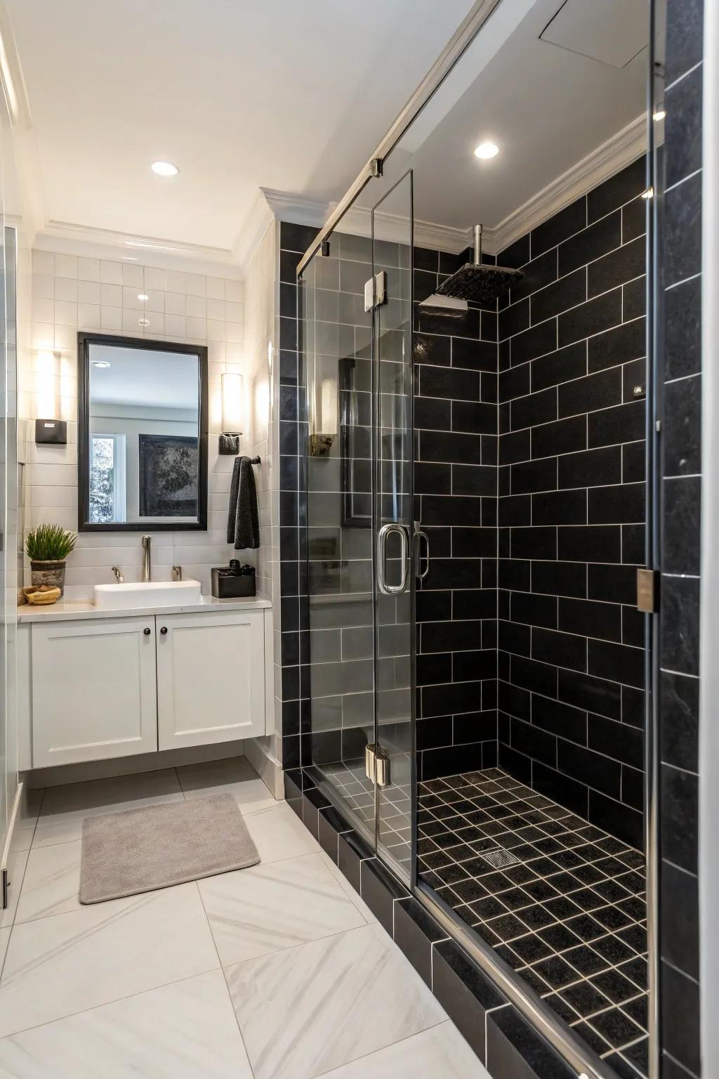 Black tiles make a dramatic statement in showers