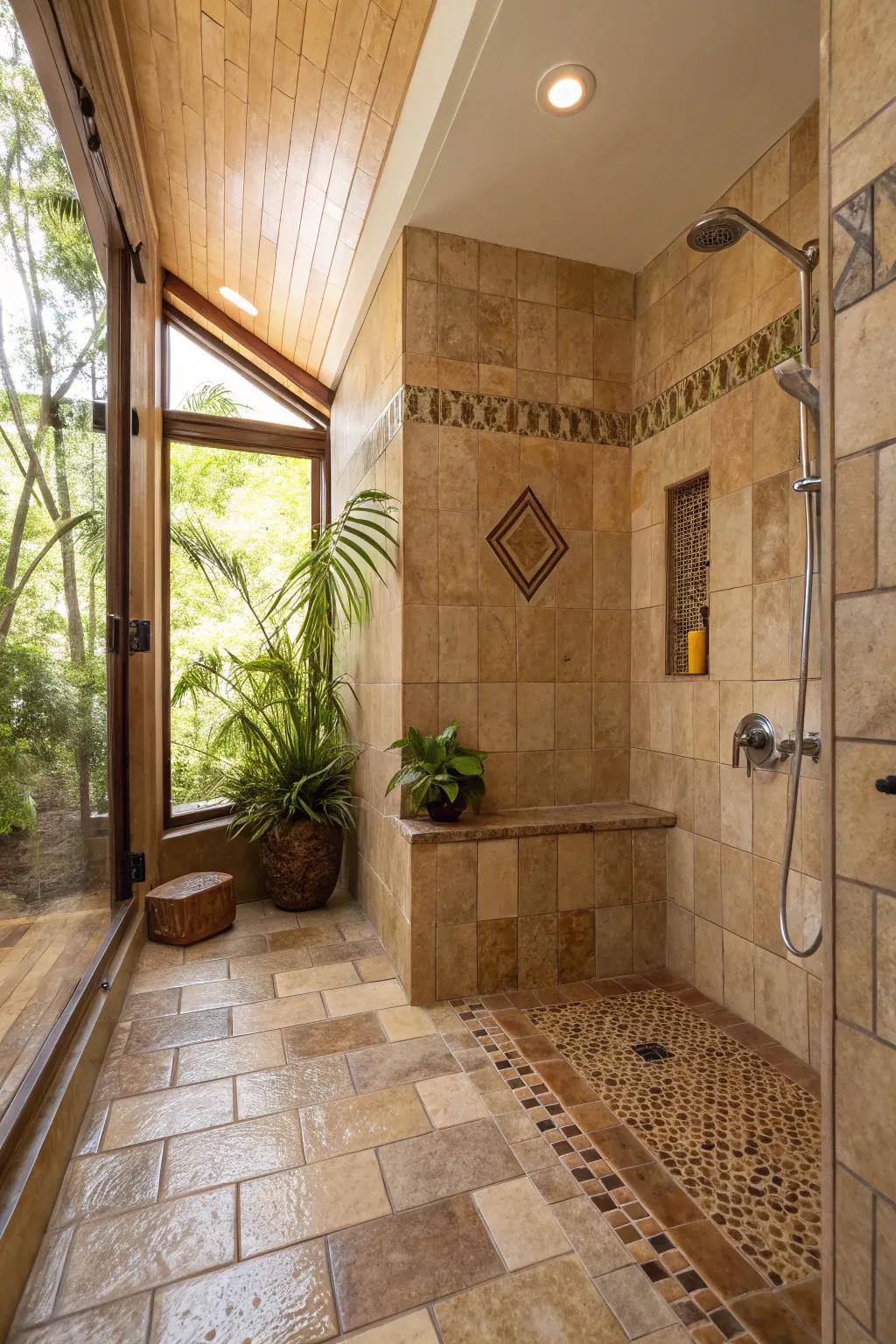 Earthy toned tiles foster calming ambiance