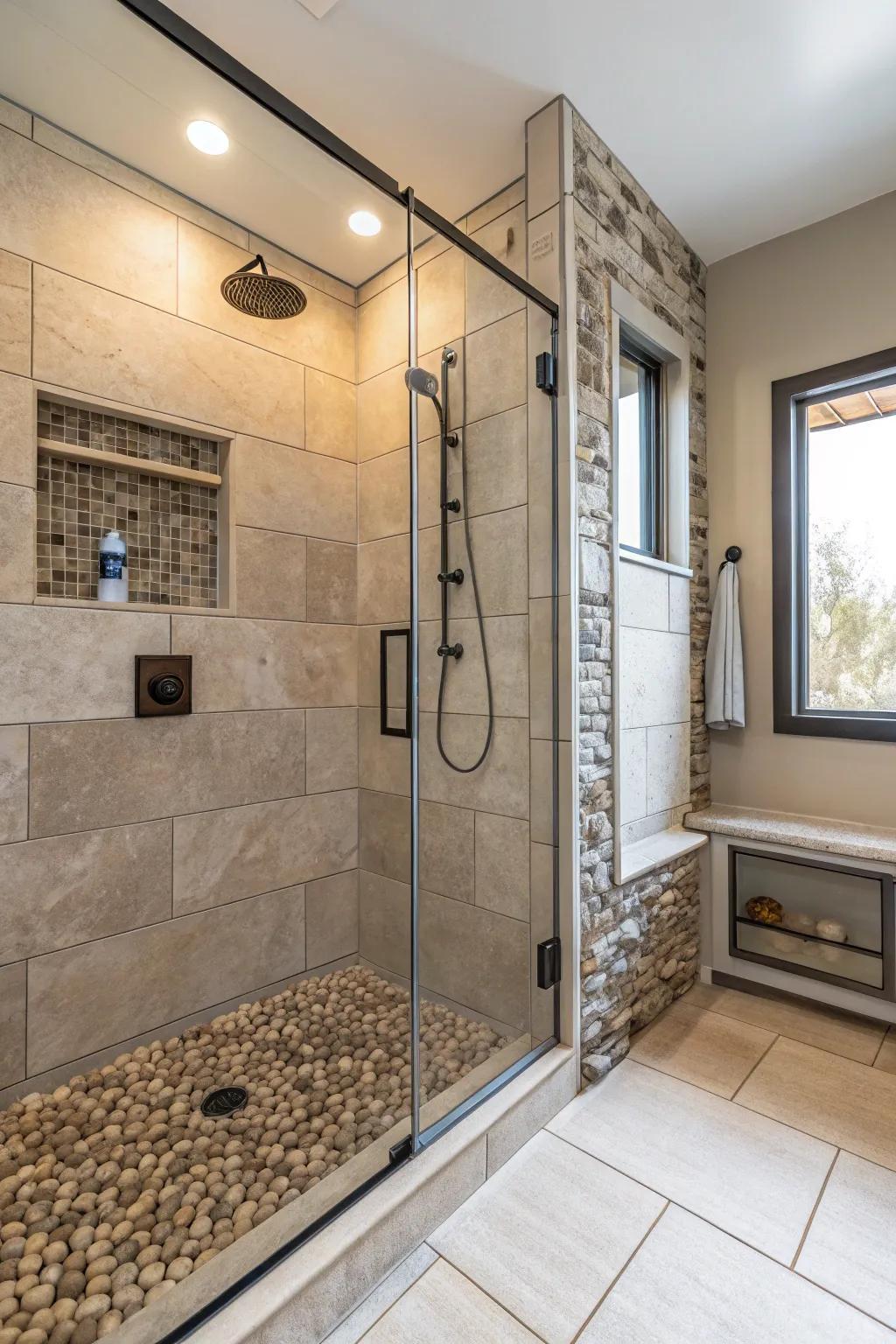 Mixing materials adds depth to the shower design