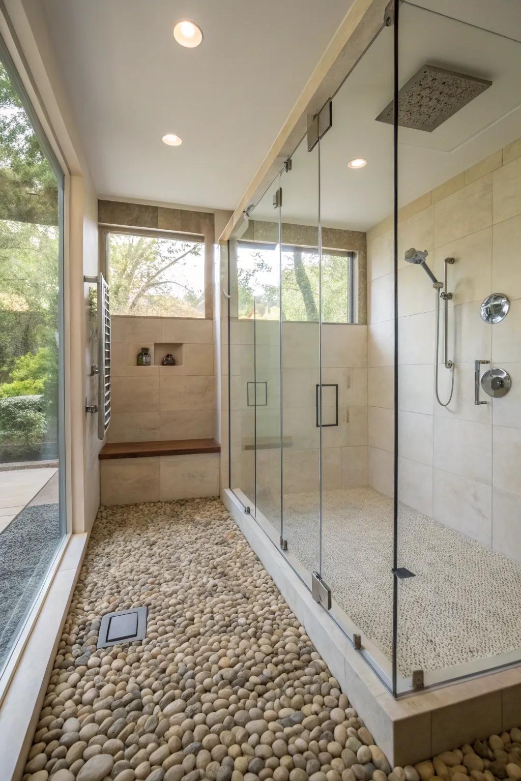 Pebble tiles provide soothing, natural textures in showers