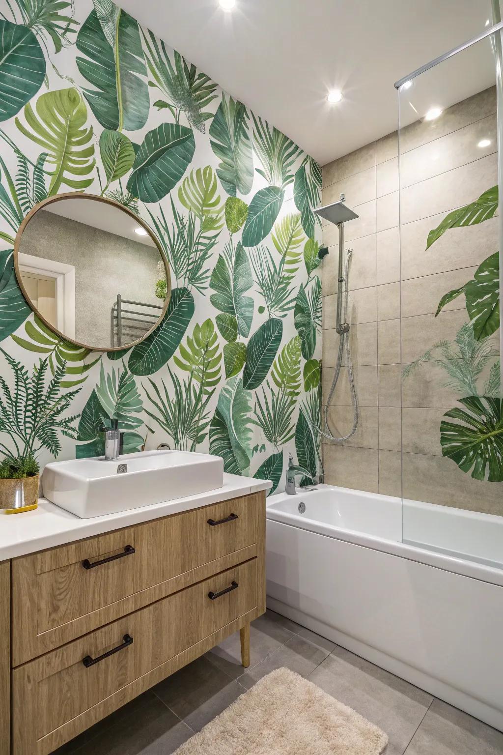 Bathroom adorned with botanical wallpaper
