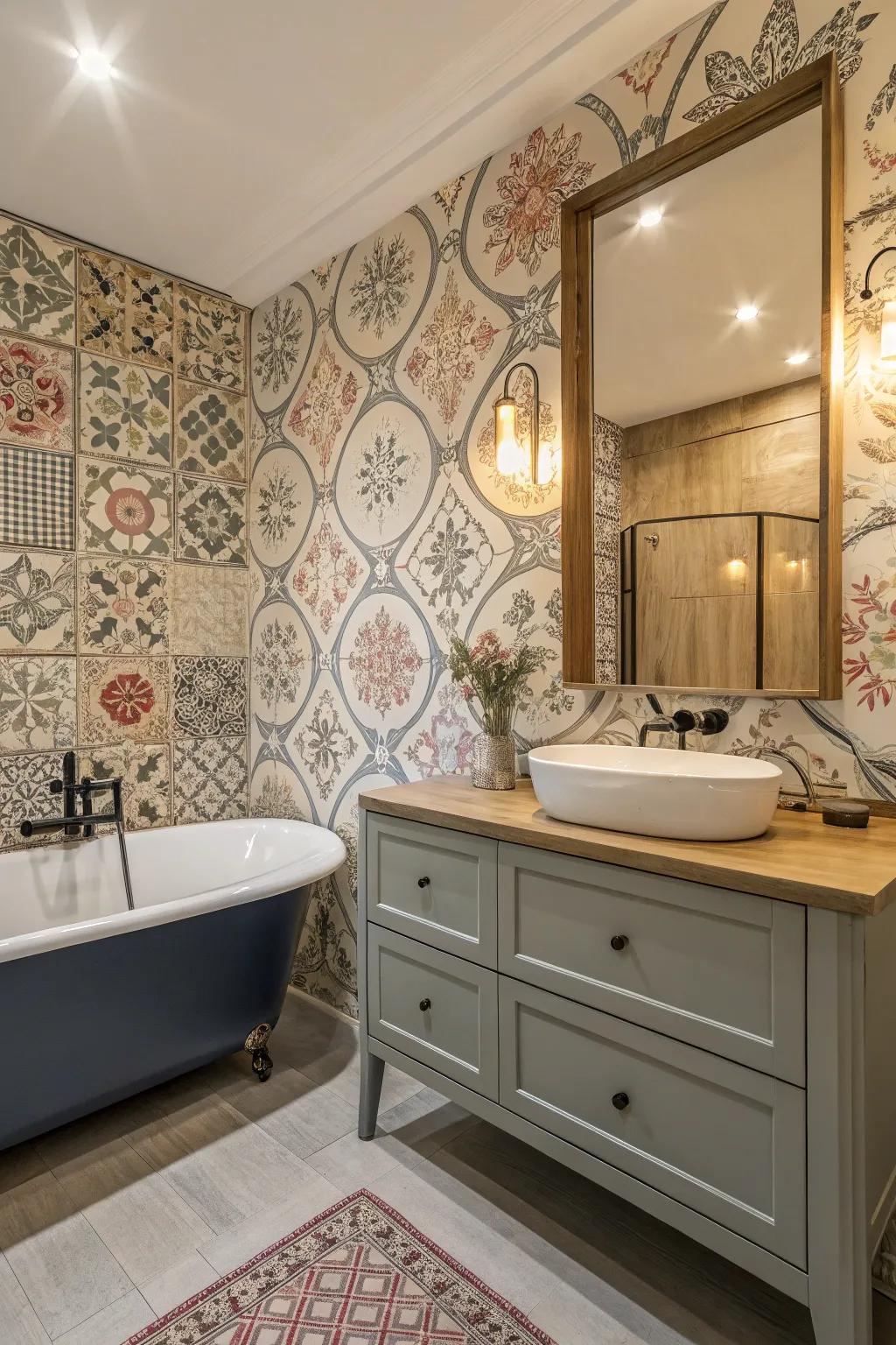 Unique bathroom with mixed wallpaper styles