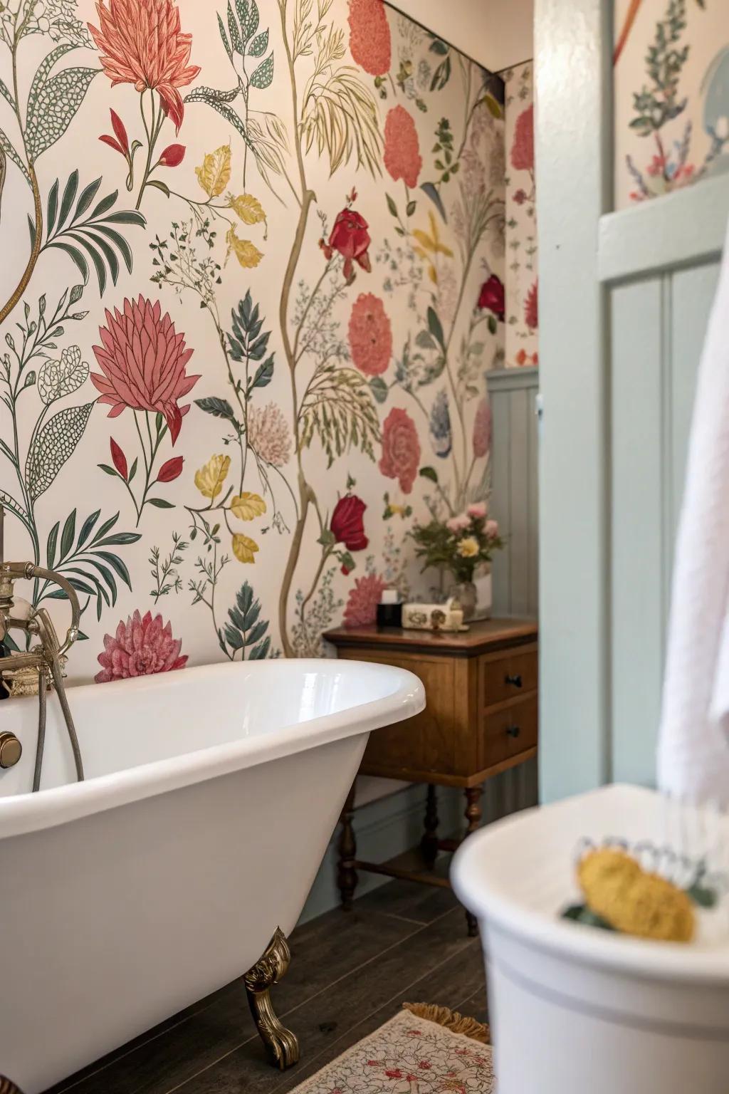 Serene floral wallpaper in bathroom