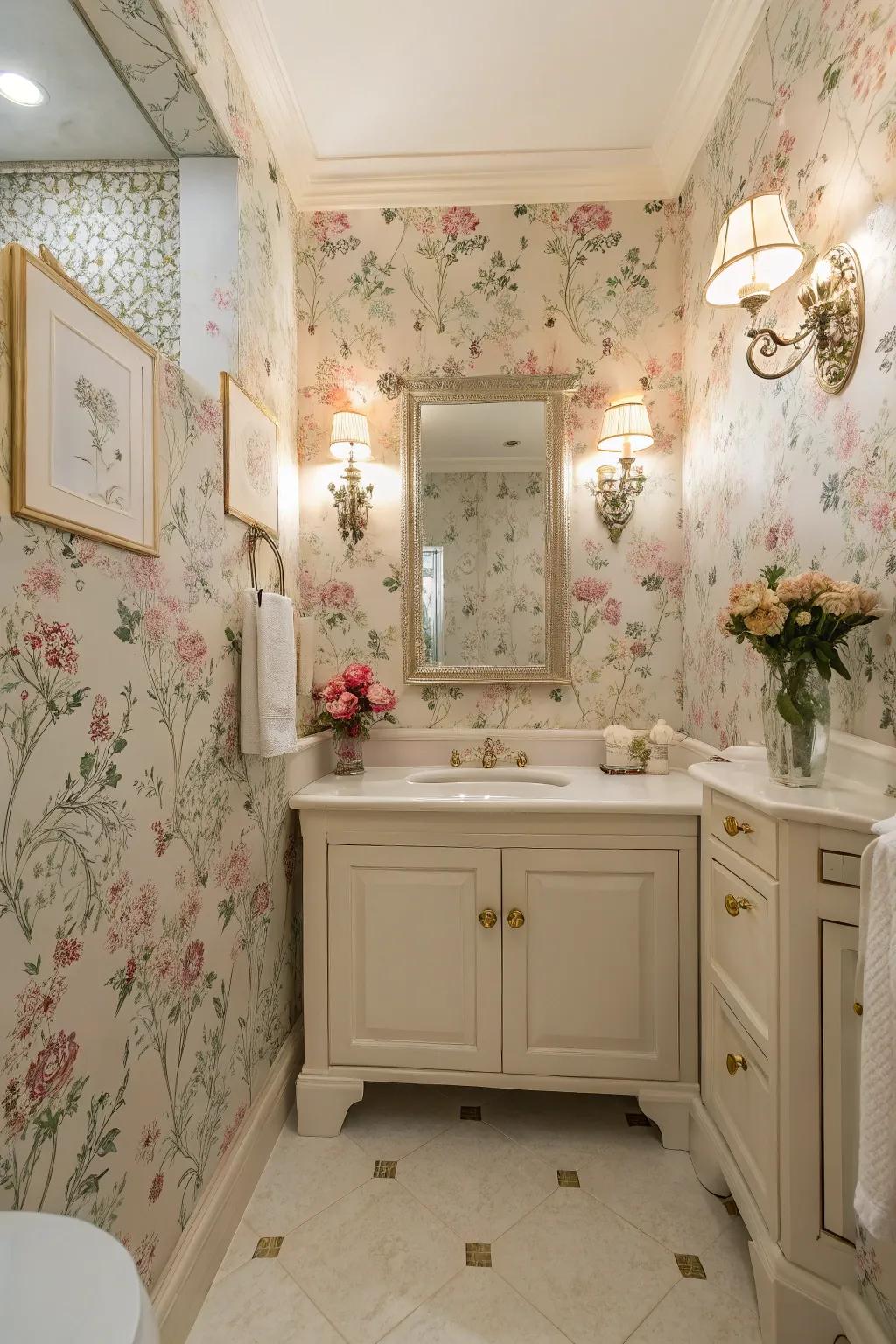 Romantic floral wallpaper for bathrooms