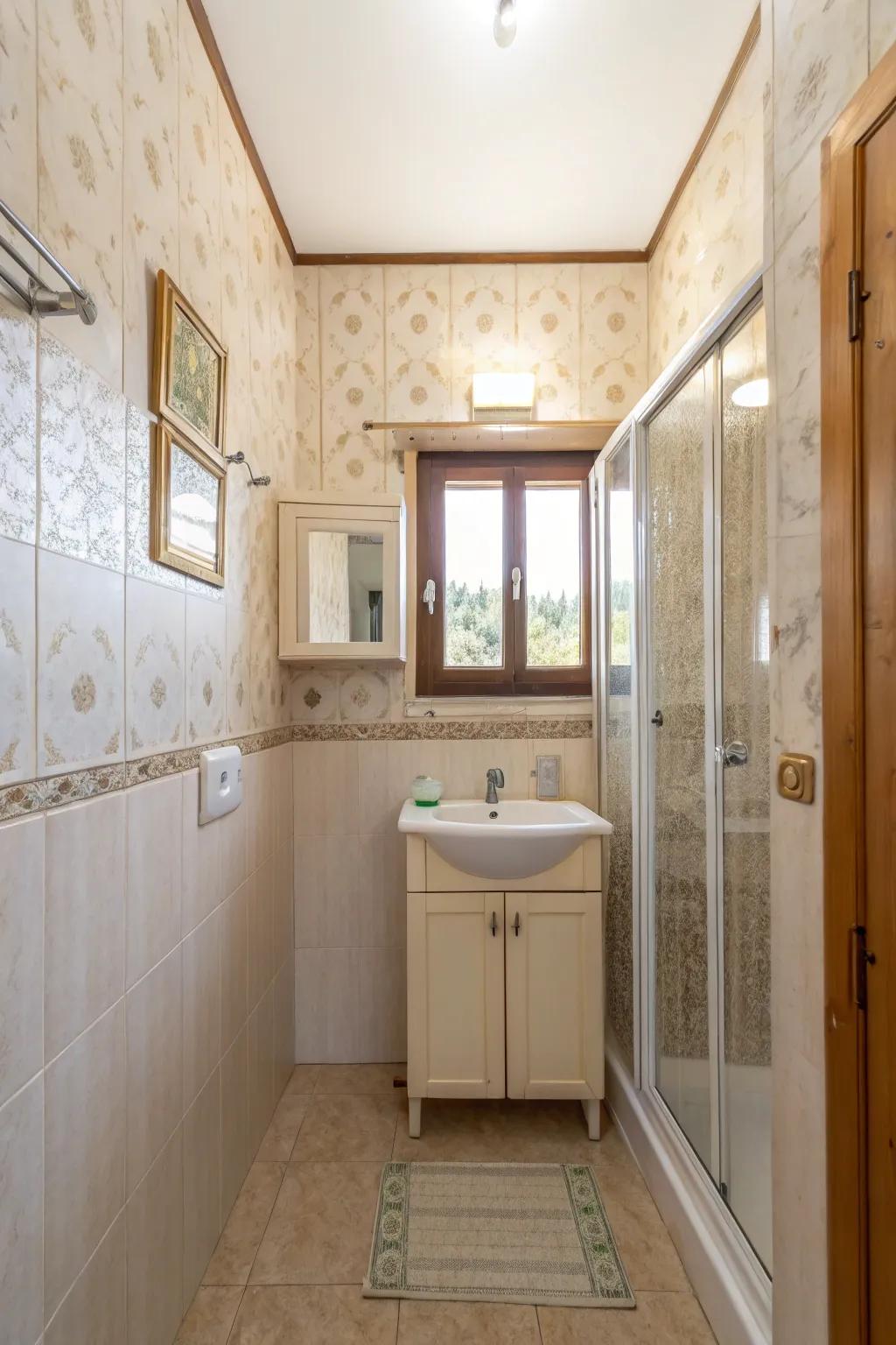 Bathroom with light-colored wallpaper to enlarge space