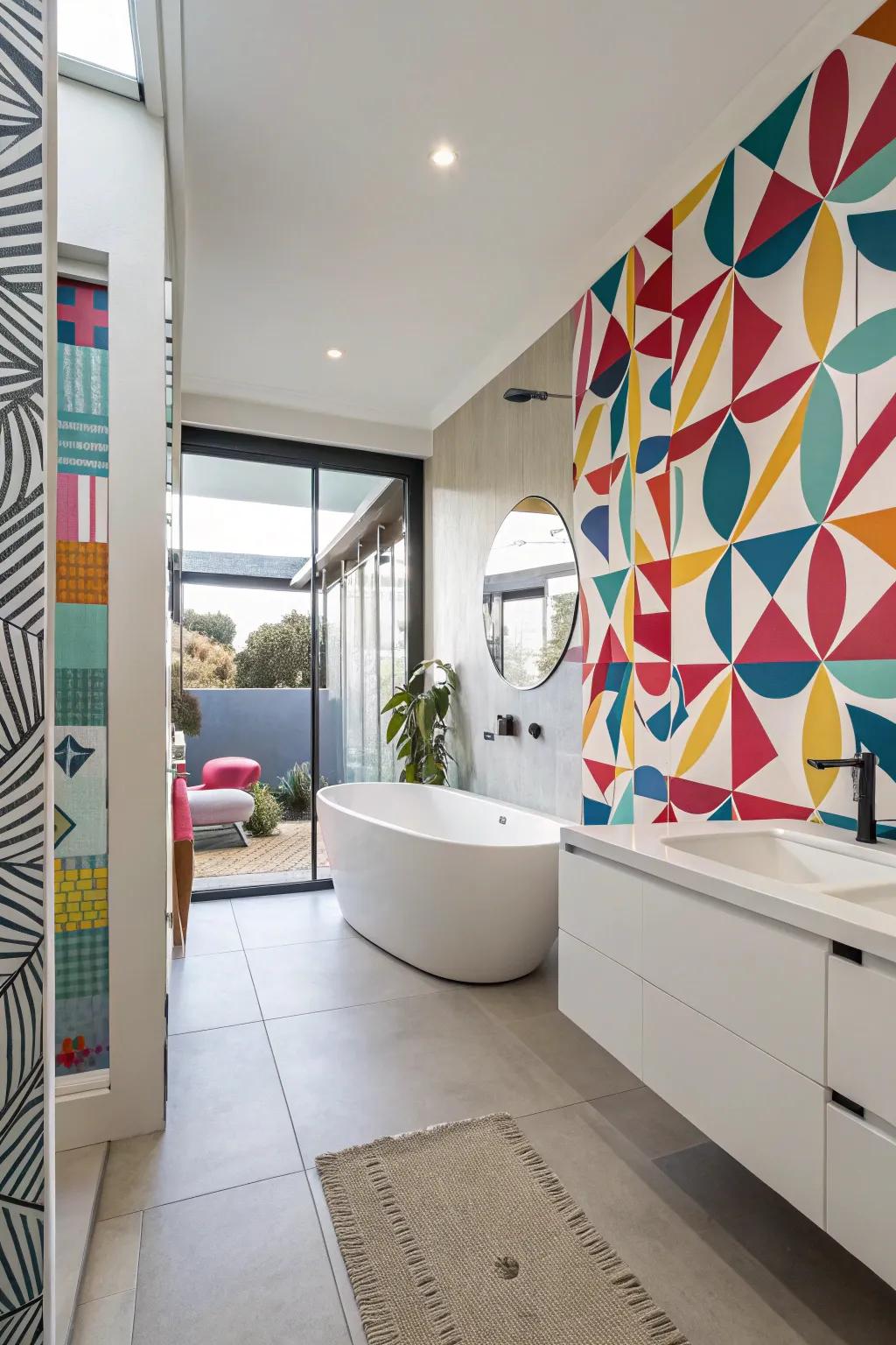Bathroom with bright, colorful wallpaper