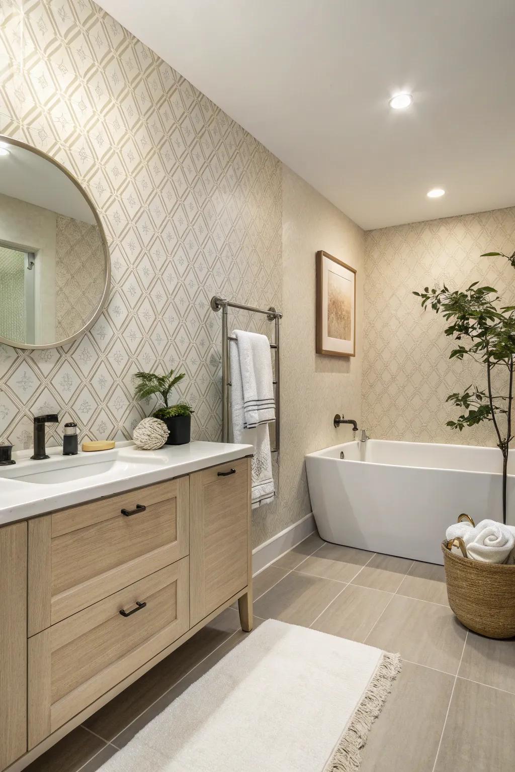 Calming bathroom with neutral wallpaper tones