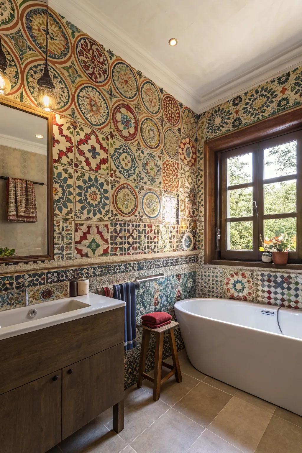 Bathroom with Moroccan-inspired wallpaper