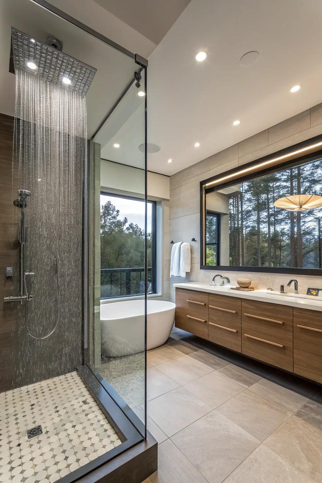 Luxury spa-like bathroom features a rainfall shower and soaking tub