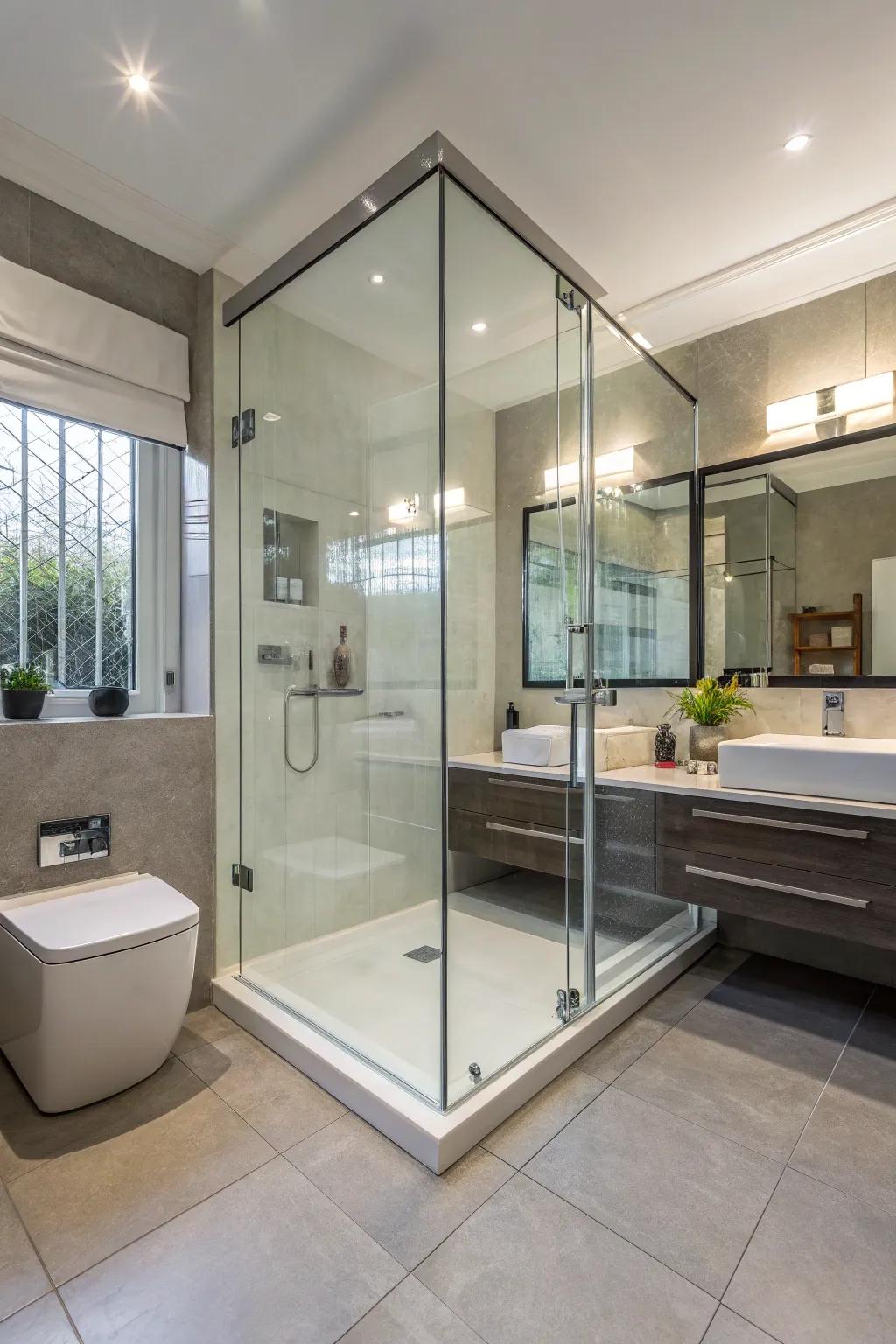 Sleek frameless glass shower design opening up the bathroom