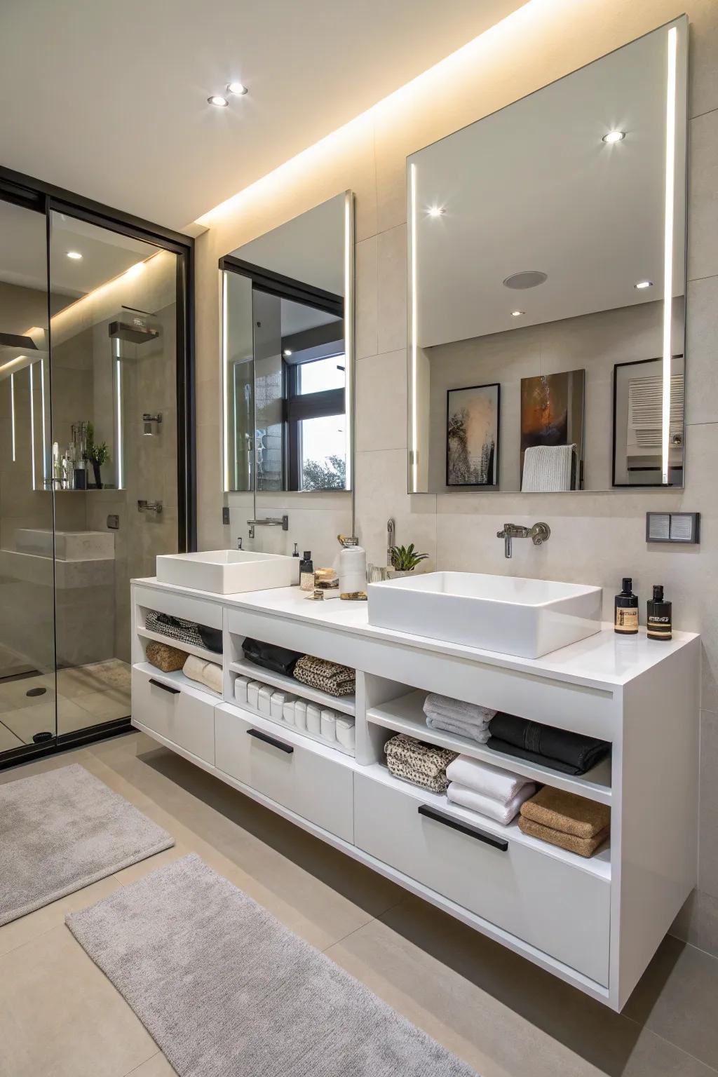 Floating modern bathroom vanity with ample organized storage