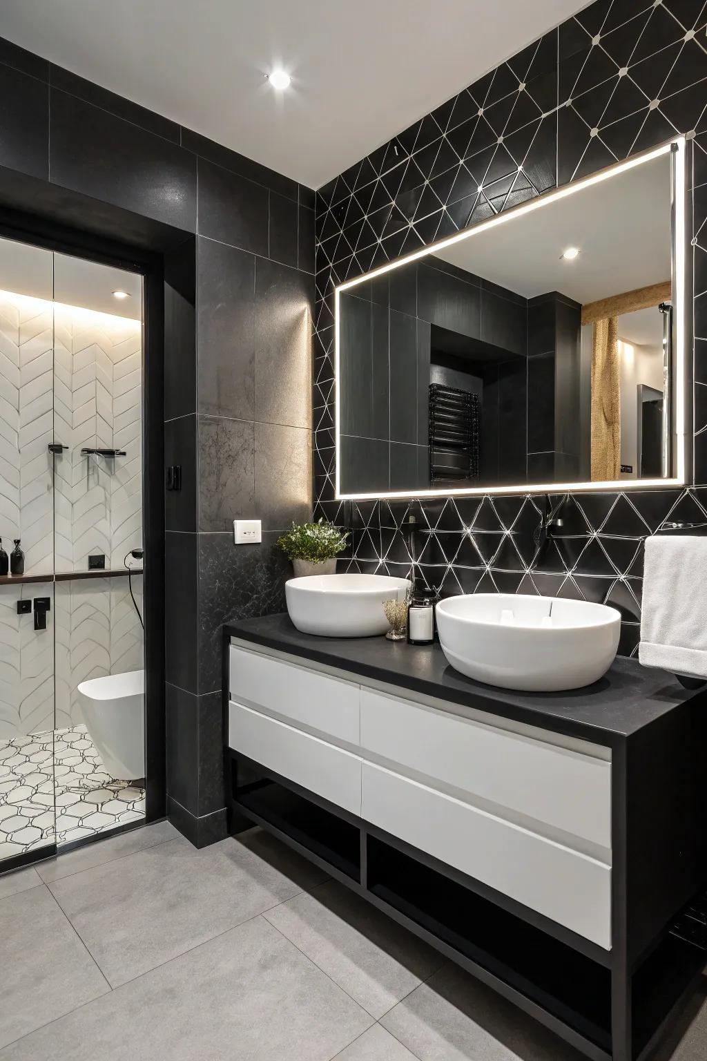 Bathroom designed with elegant black and white contrasts