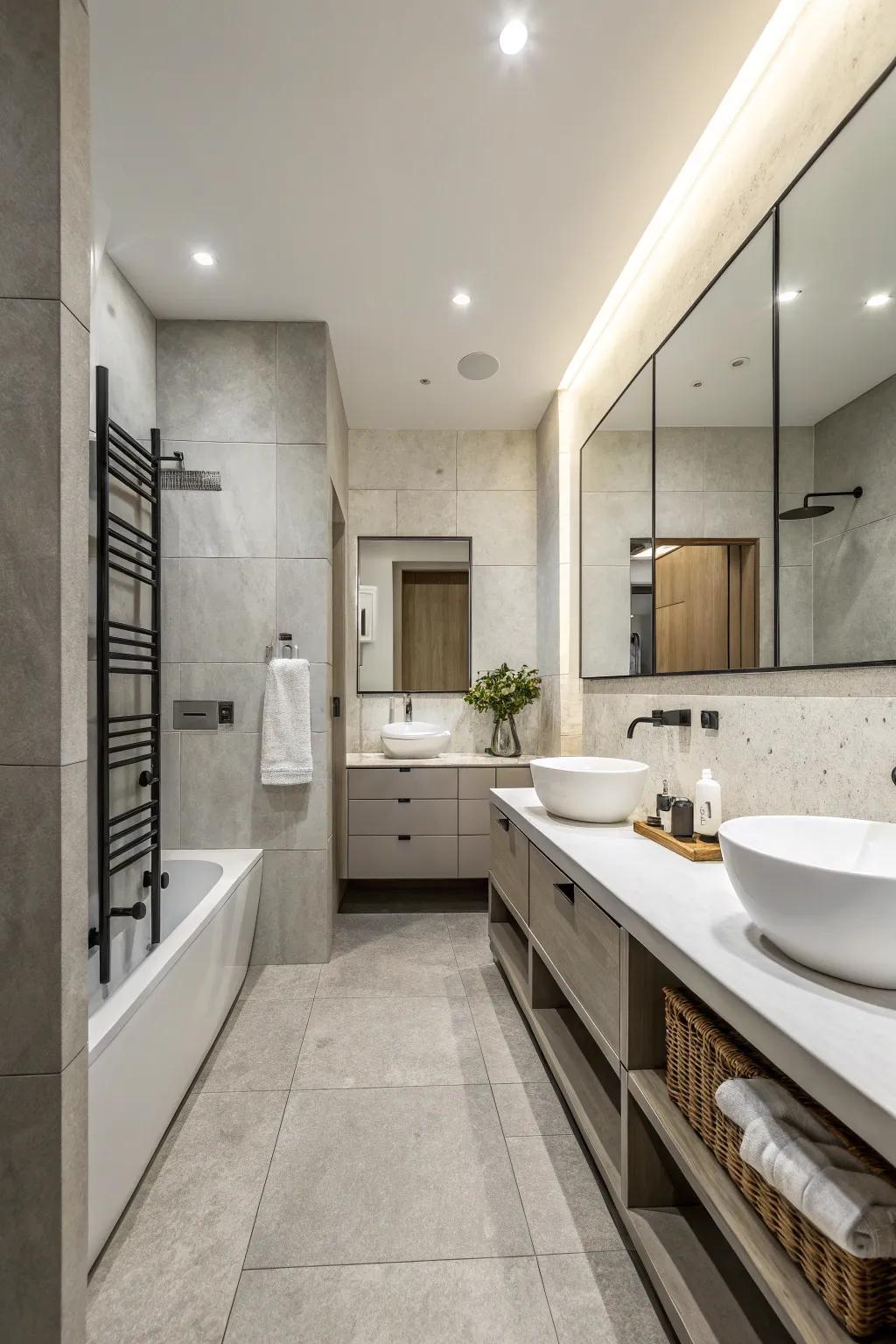Neutral color scheme creates calm, modern bathroom atmosphere