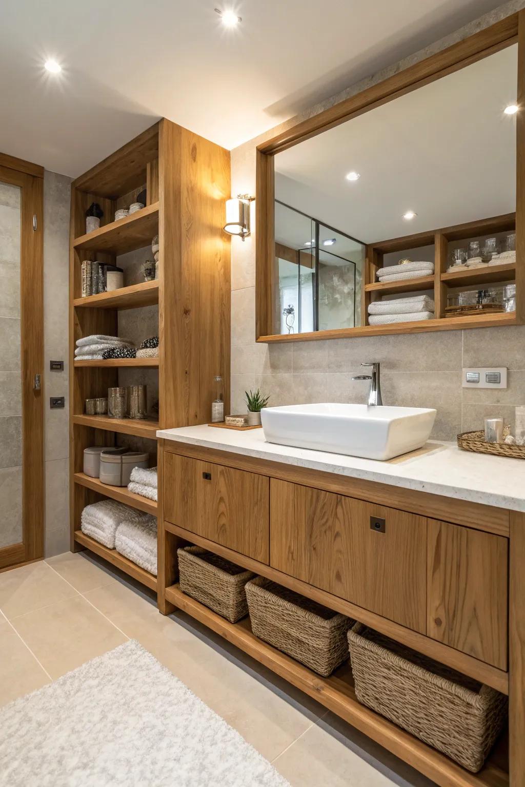 Wood details adding cozy warmth in modern bathroom
