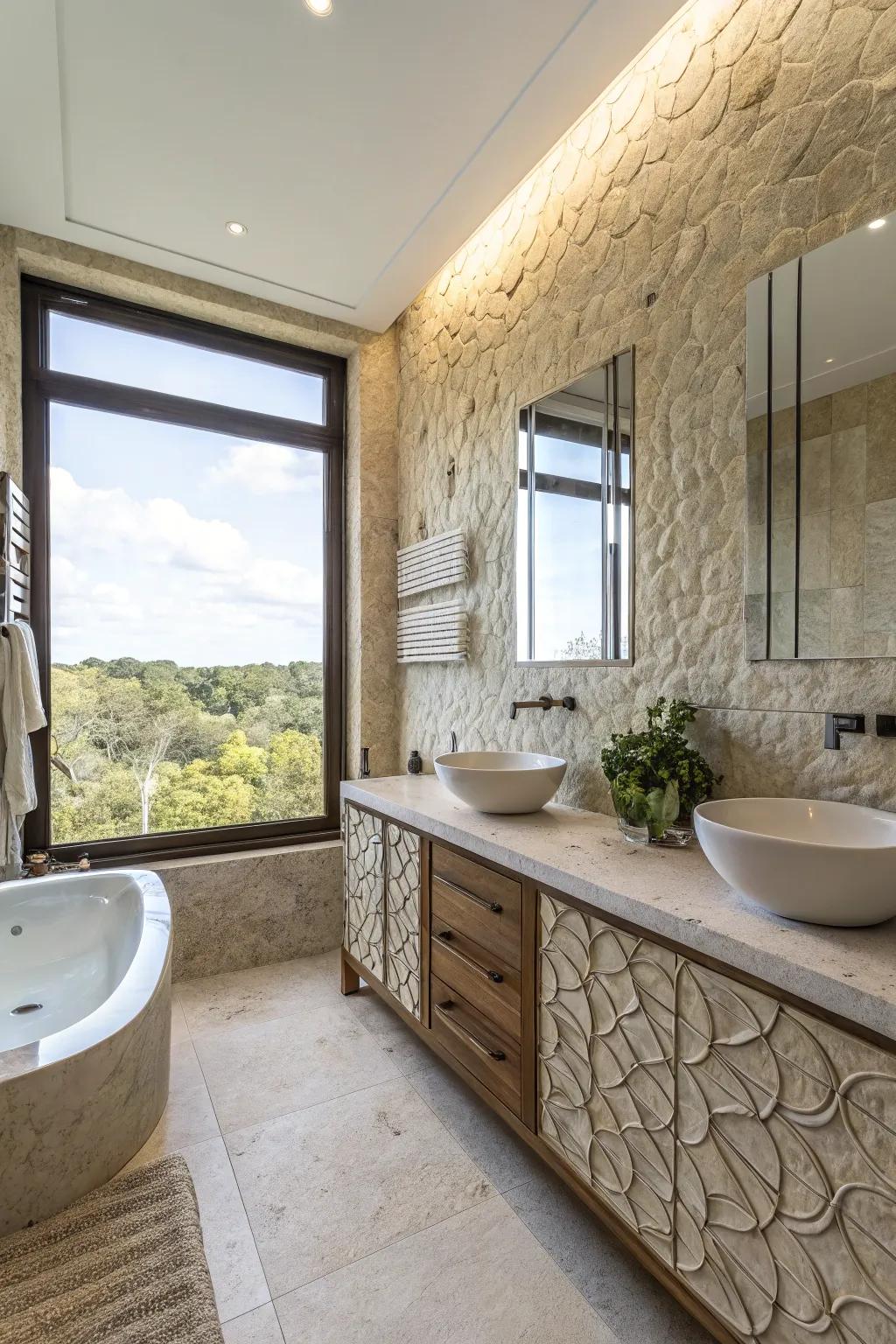 Textured tiling enriches bathroom walls with pattern and depth