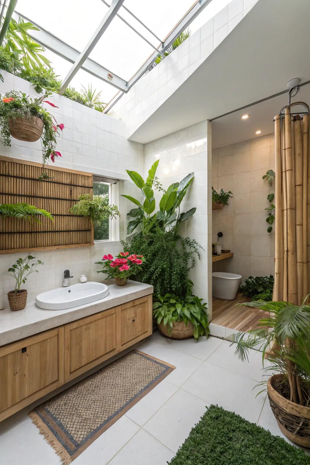 Green plants brighten and freshen modern bathroom