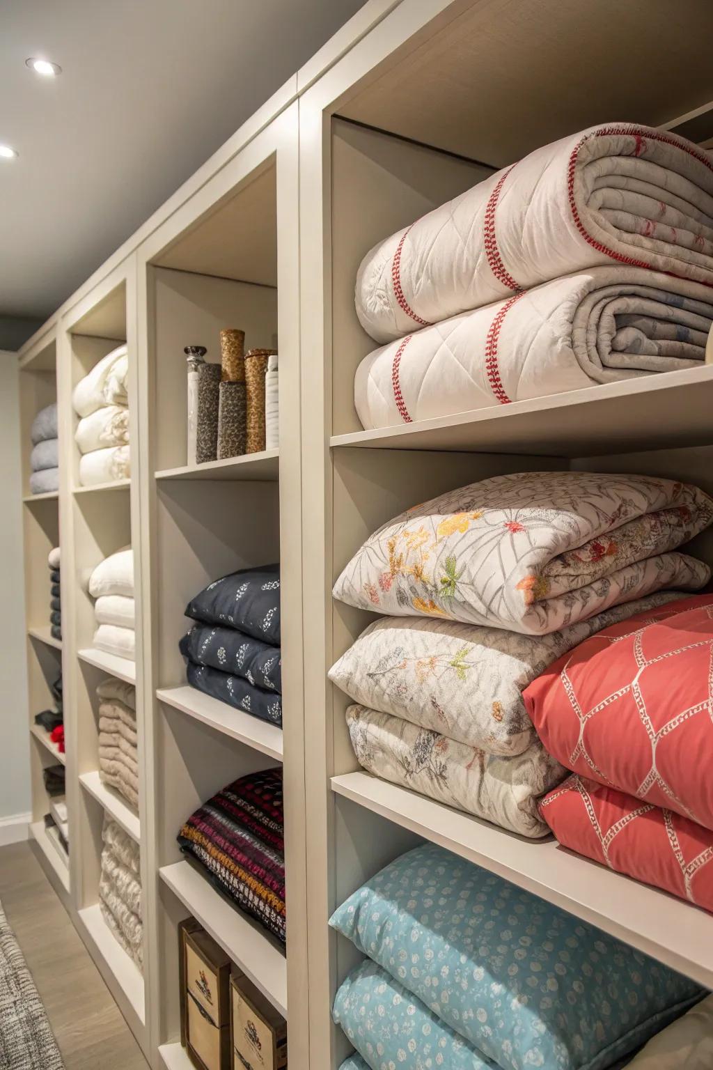 Closet shelves organized with dividers for comforter storage