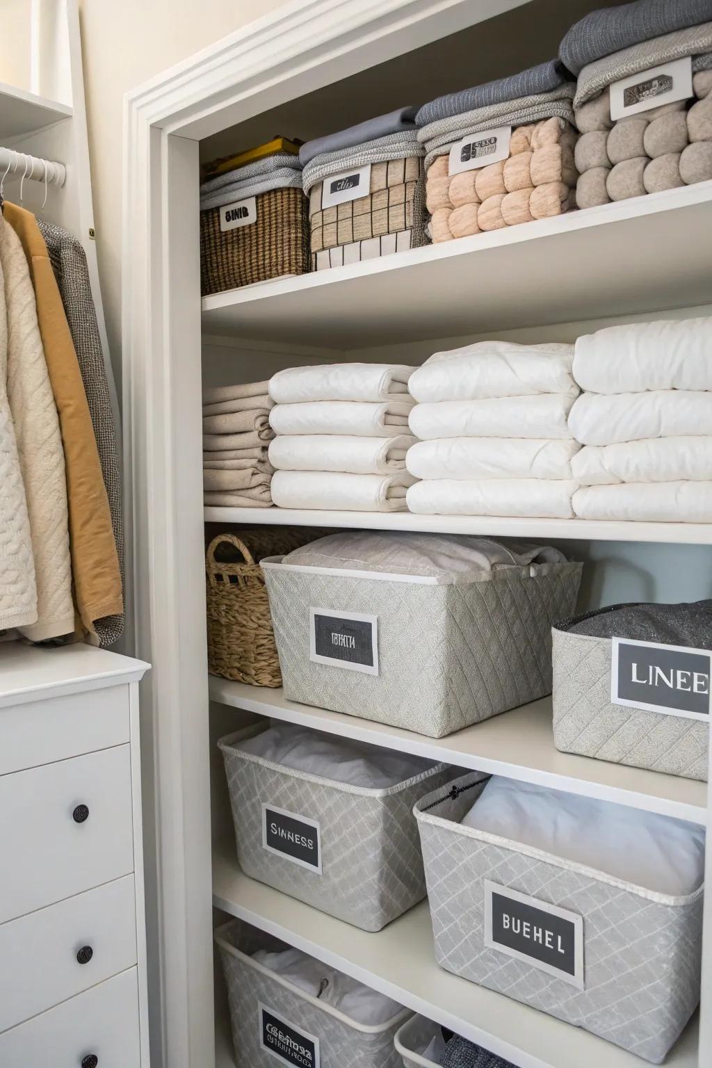 Labeled bins for seamless comforter storage