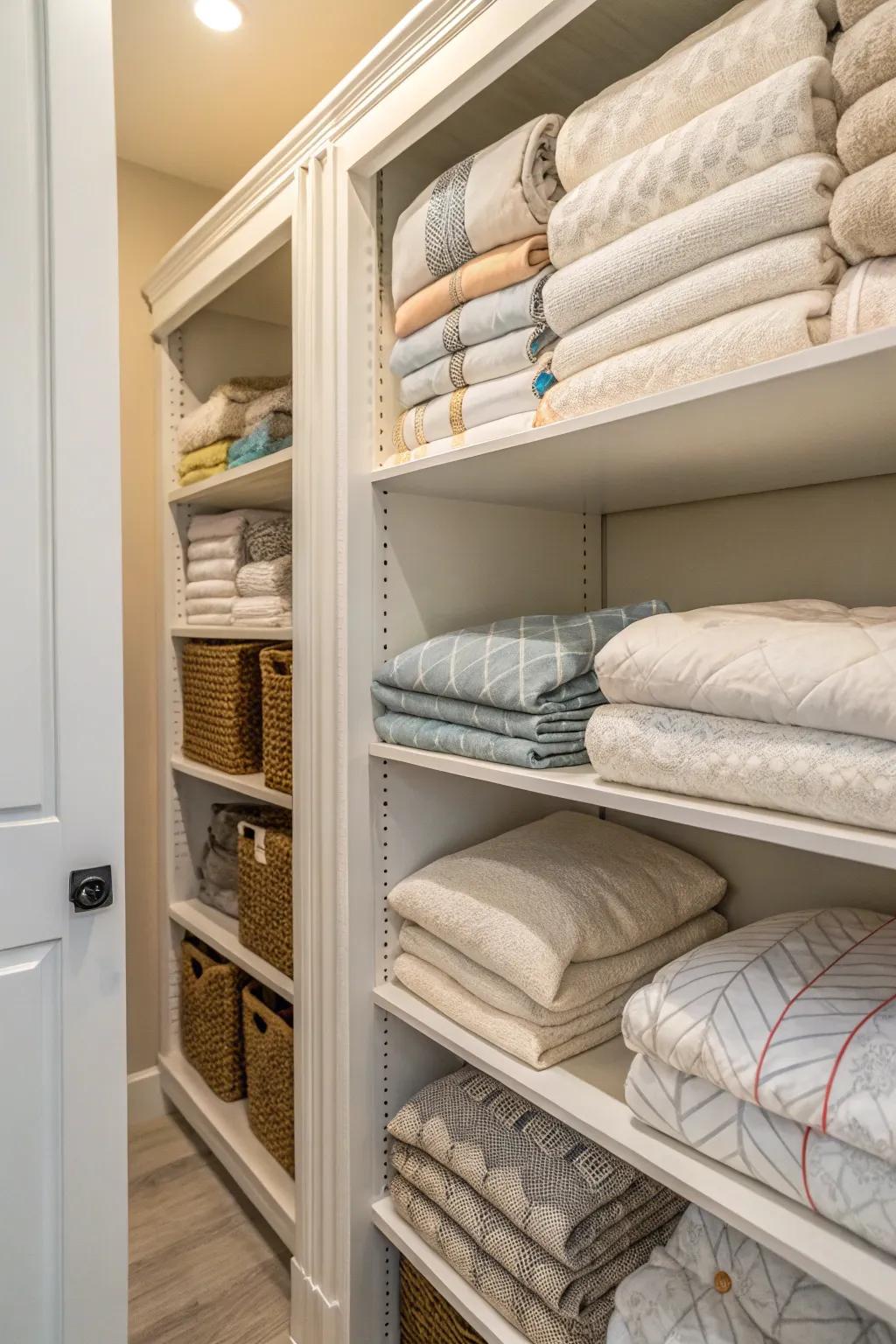 Well-organized linen closet storing comforters