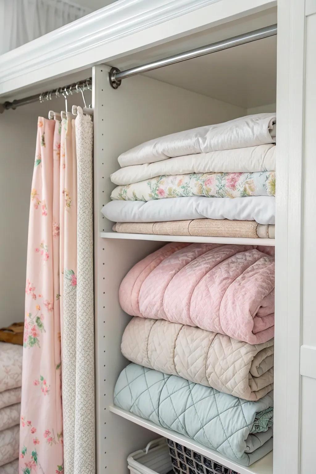 Comforters hanging on curtain rods in a closet