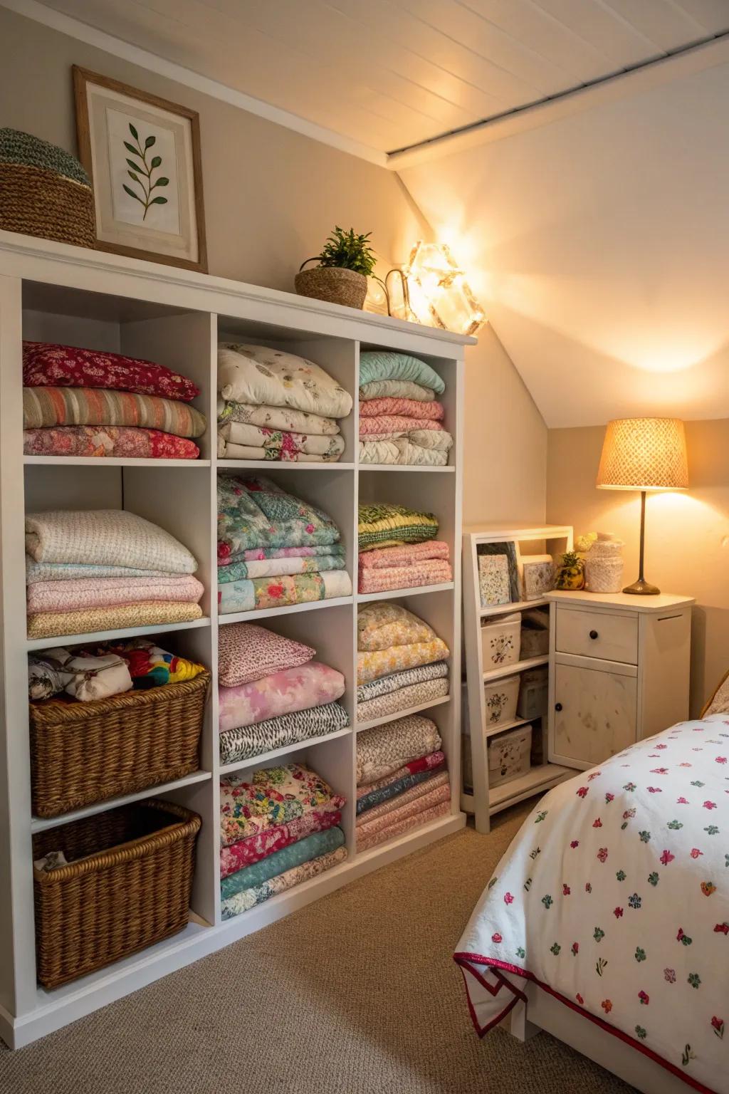 Comforters stored in a shelving unit in a spare room.
