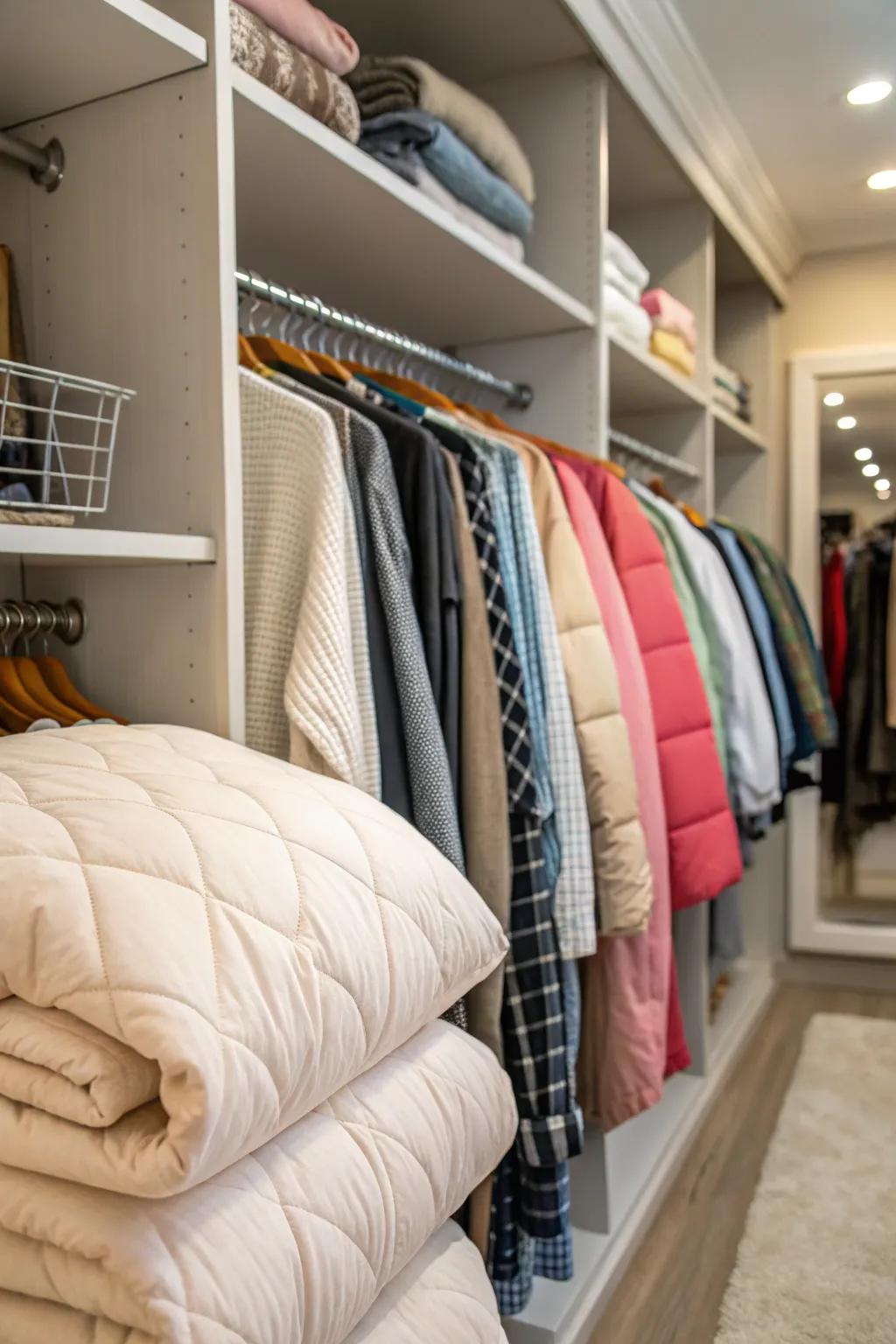 Comforters hanging on a clothing rack in a closet.