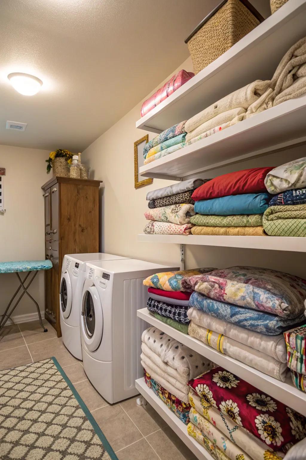 Wall-mounted shelves in a laundry room storing comforters.