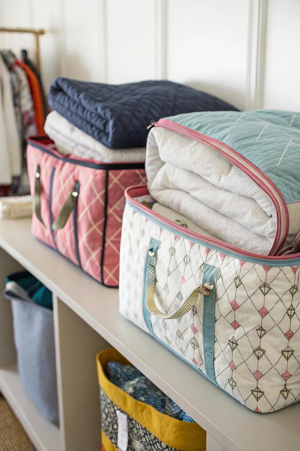 Comforters stored in fabric bags on a shelf