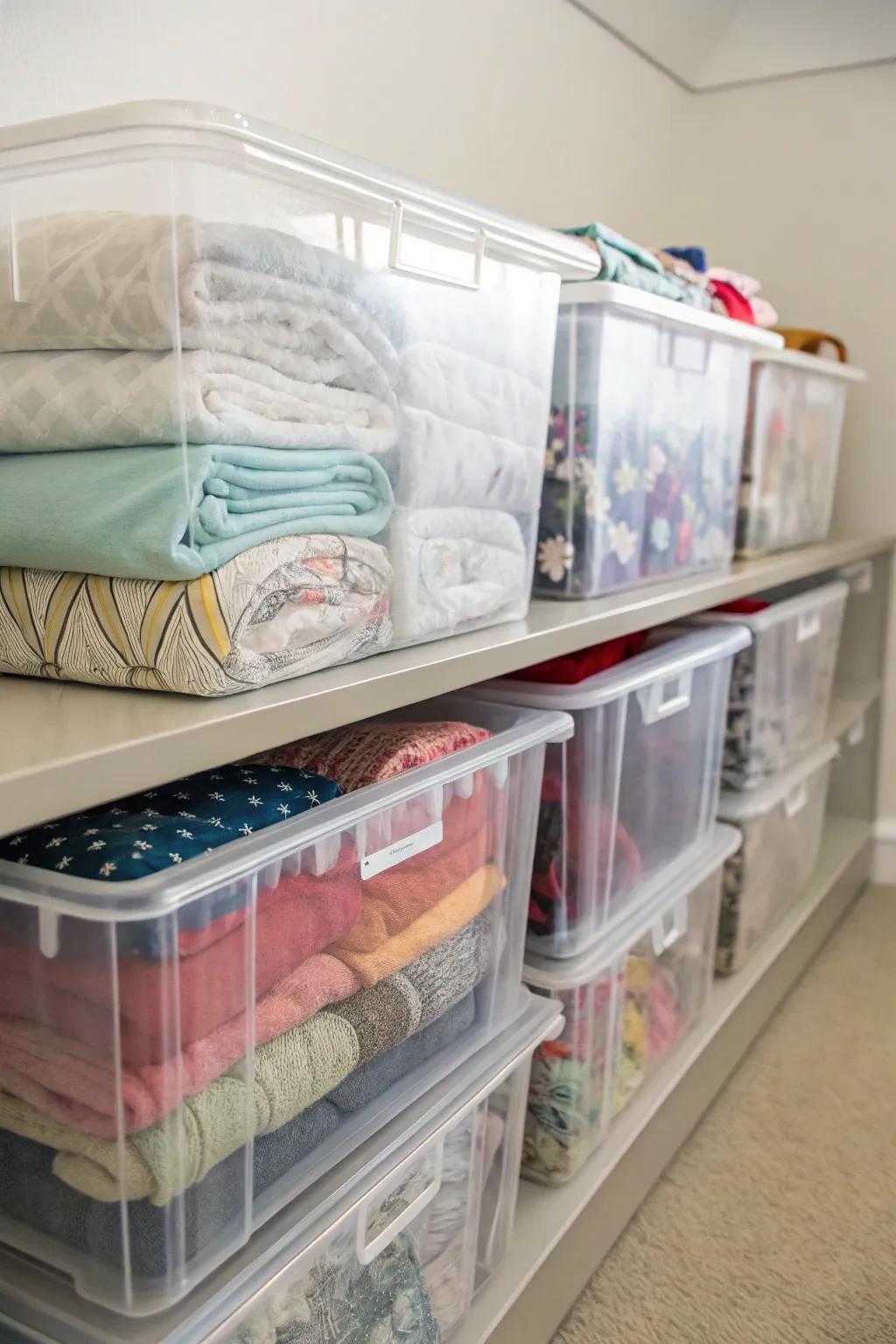 Clear plastic bins storing folded comforters on a shelf.