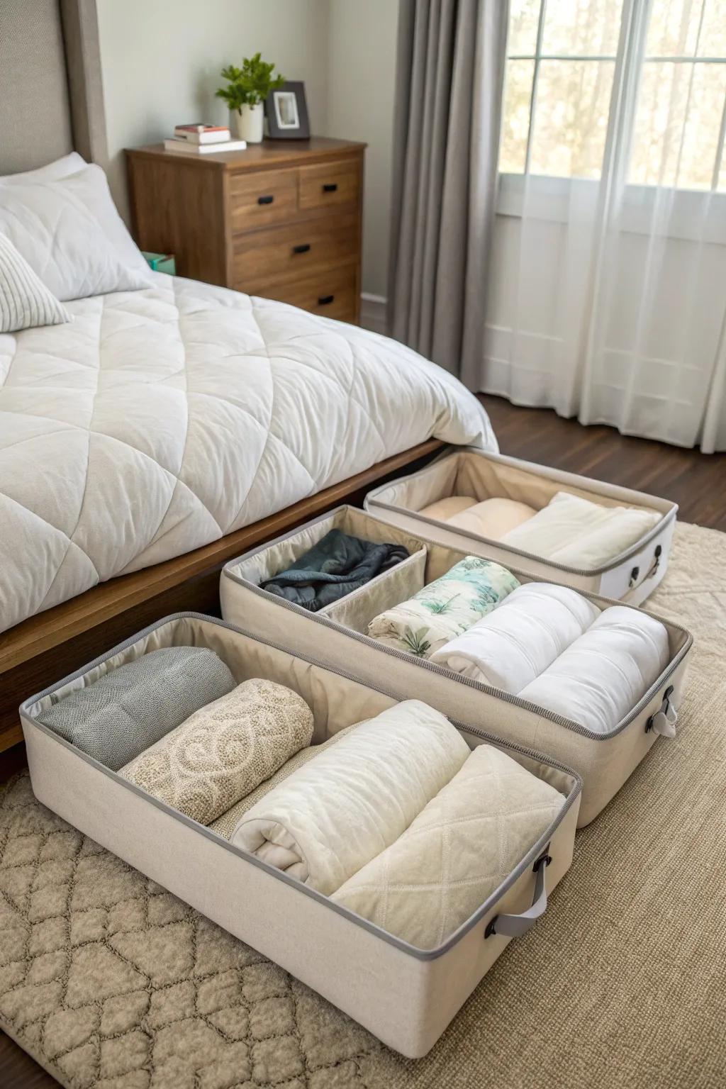 Comforters neatly packed in under-bed storage bins