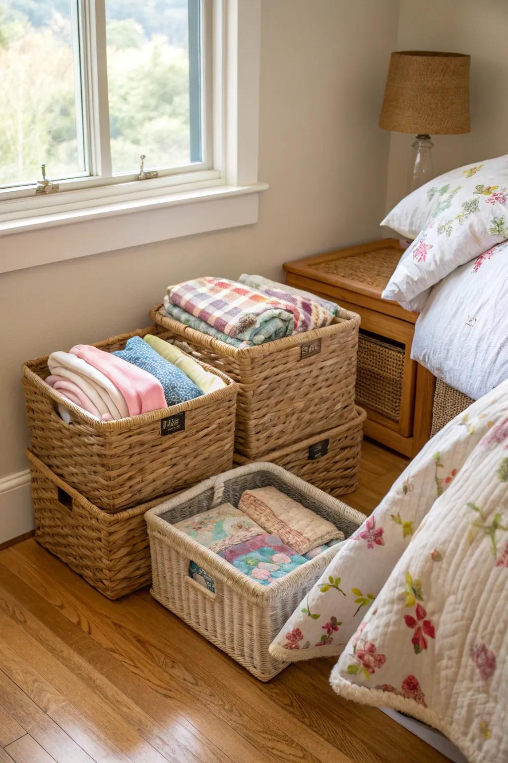Comforters stored in wicker baskets in a bedroom corner.