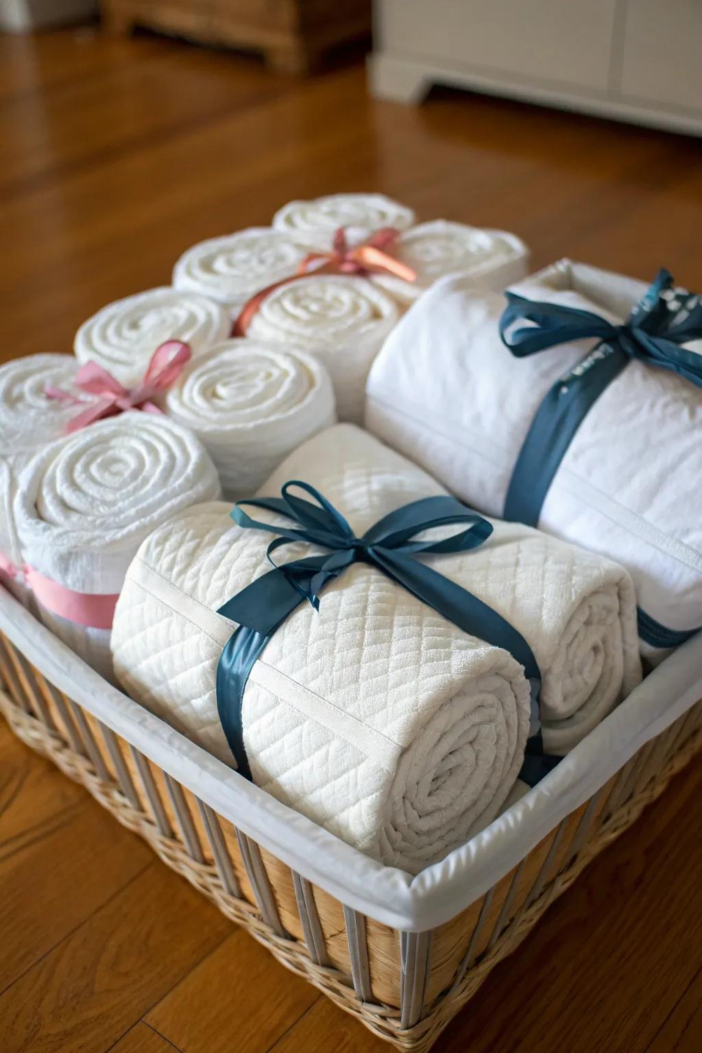 Comforters rolled and tied with ribbons in decorative baskets