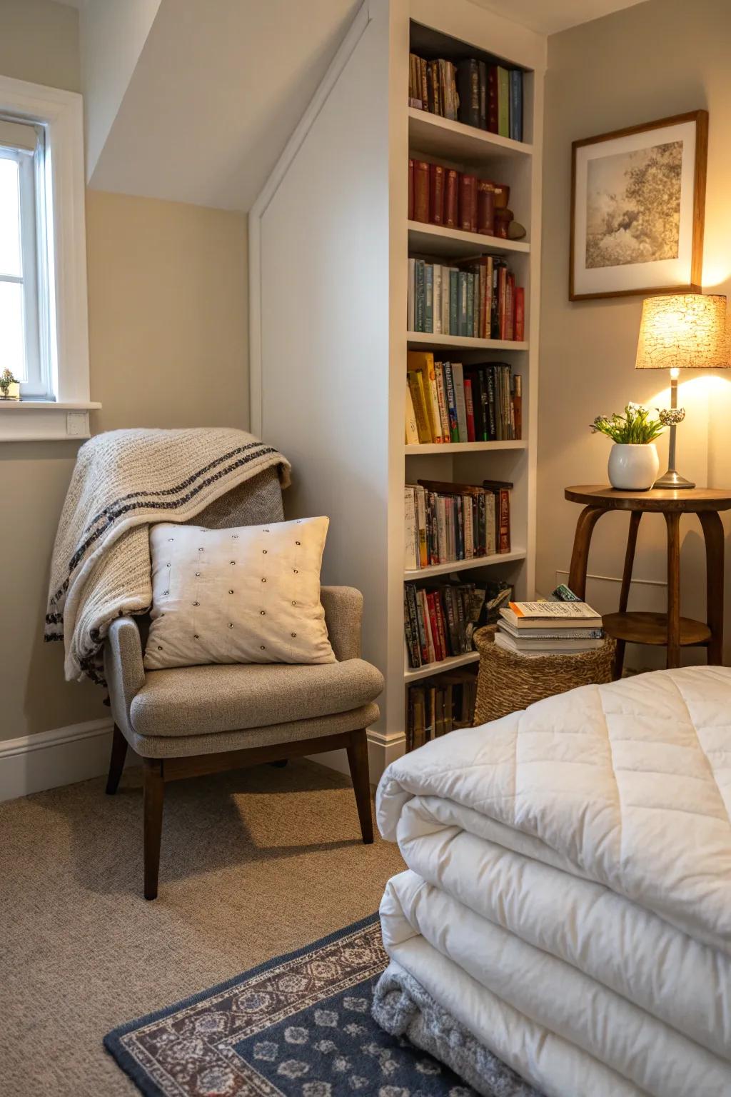 A cozy nook in a room corner with comforters stacked neatly.