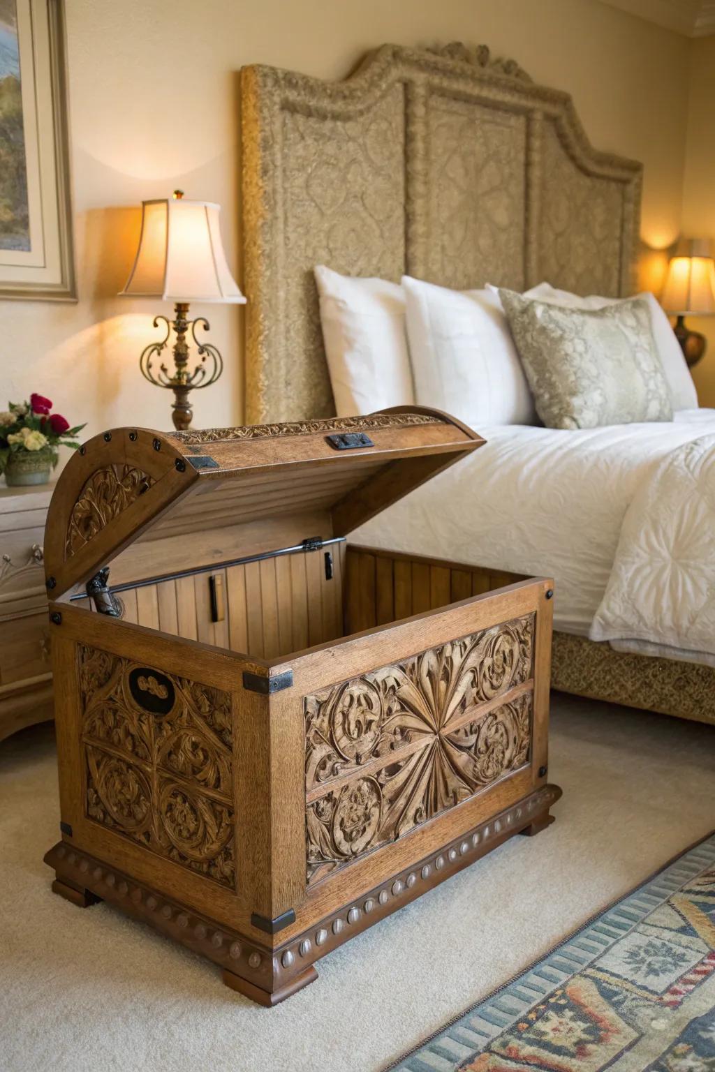 Comforters stored in a decorative trunk at the foot of a bed.