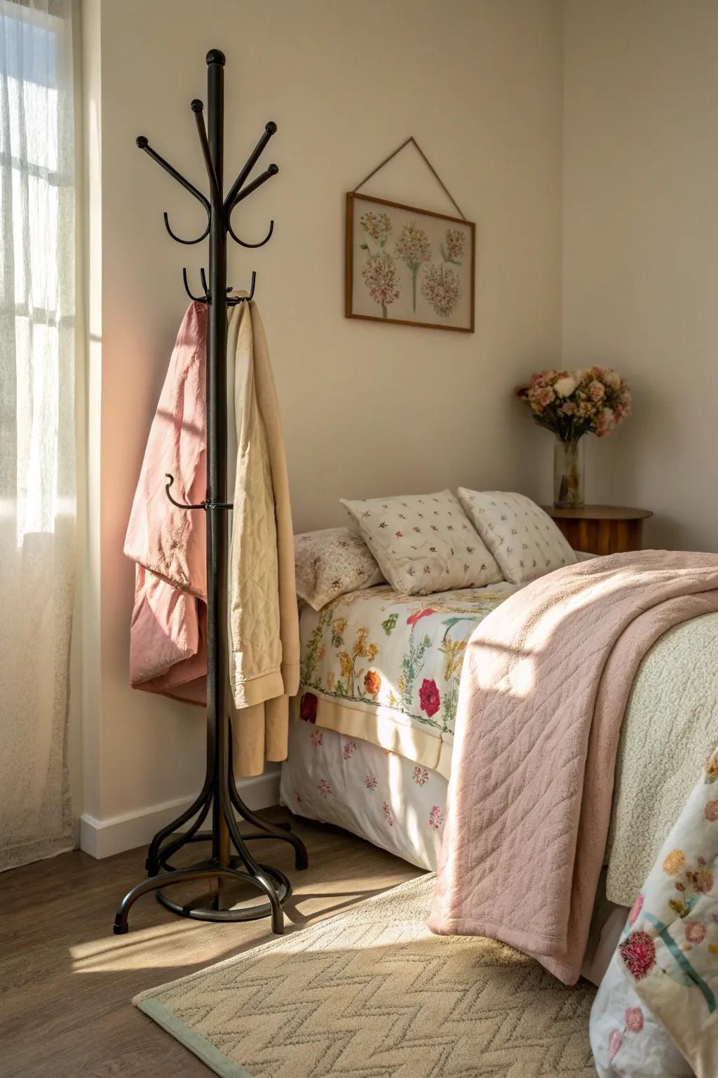 Comforters draped over a stylish coat rack