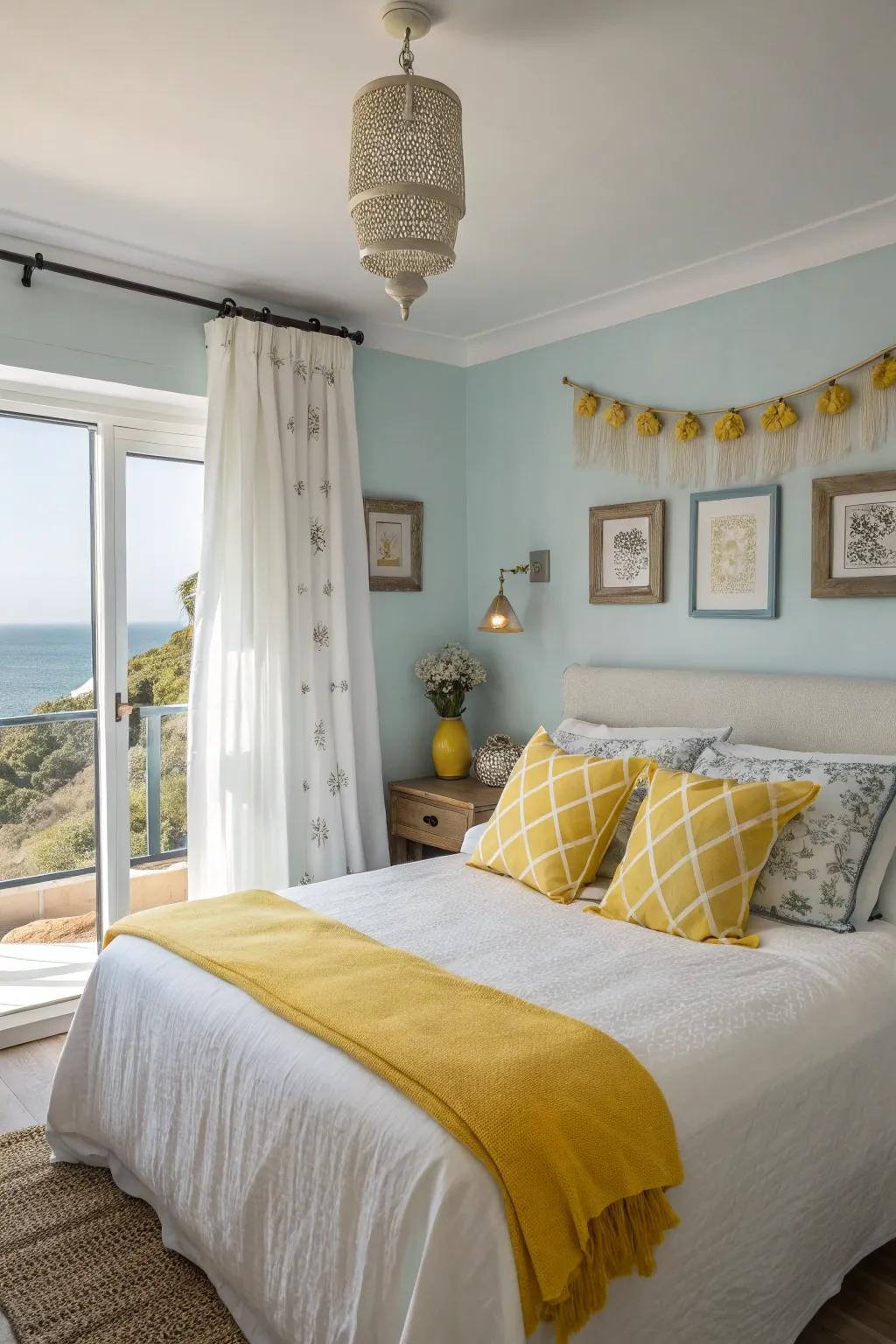 Yellow accents add warmth and vibrancy to coastal decor.