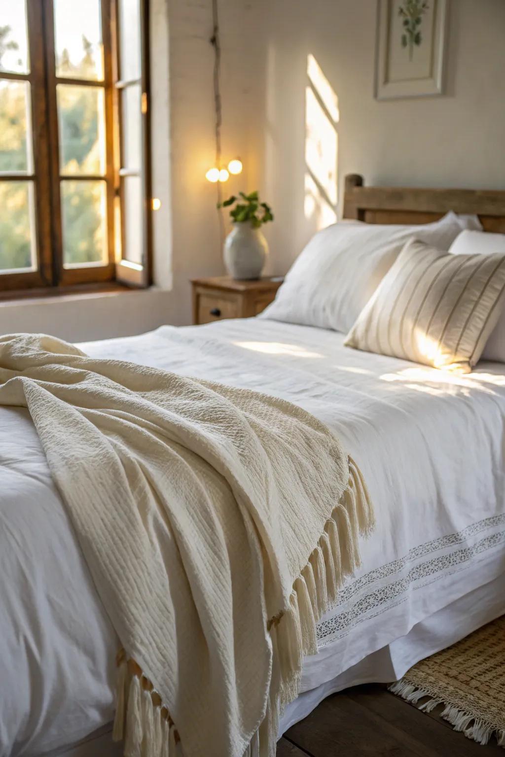Light fabrics like linen and cotton create breezy coastal bedding.