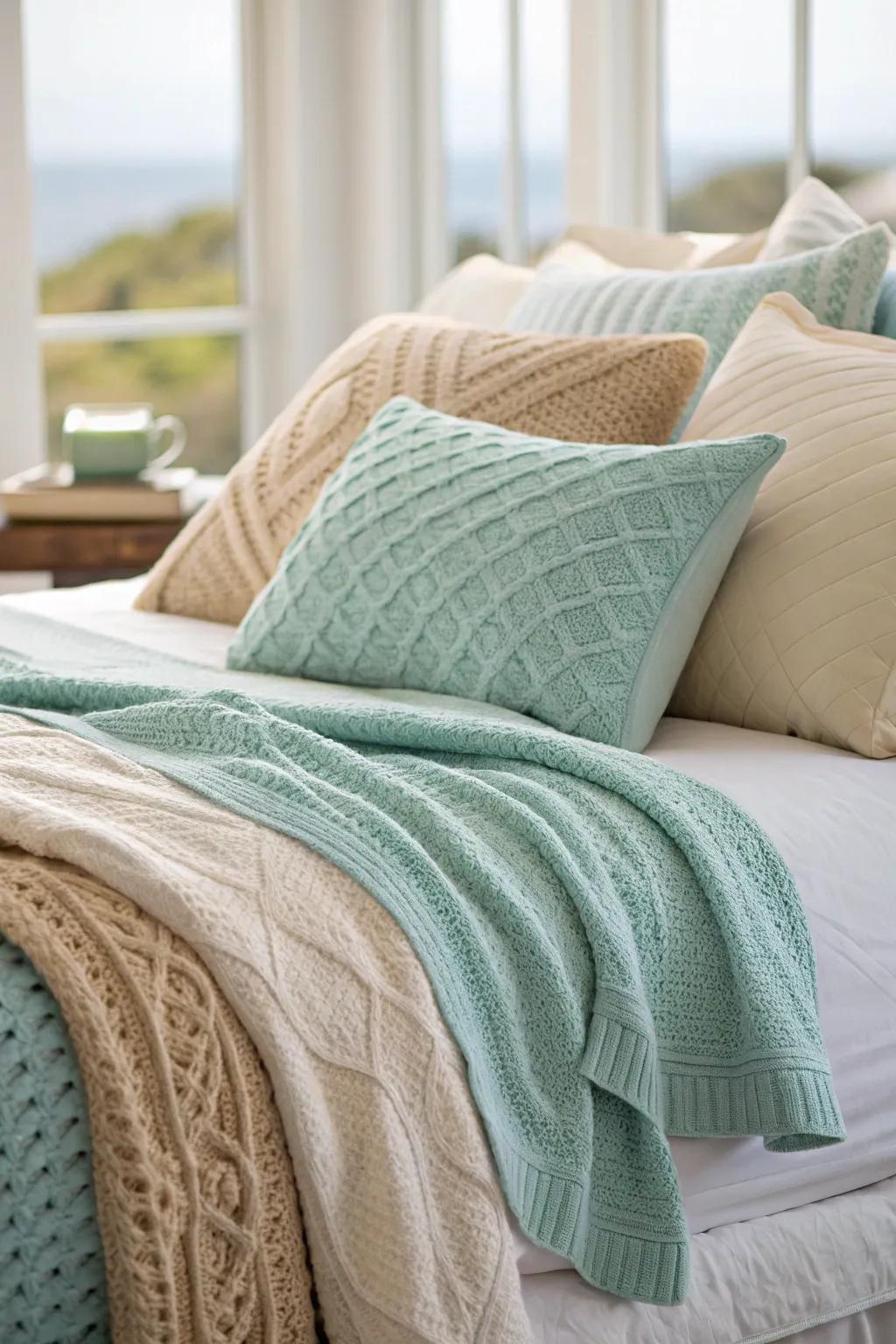 Using varied fabrics enriches the coastal bedroom design.