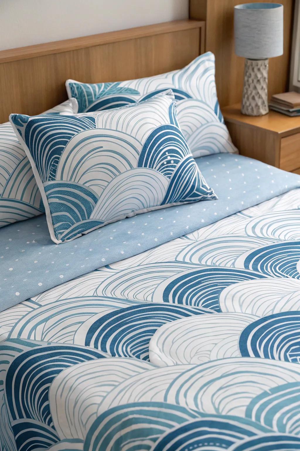 Abstract wave and marine life patterns add coastal personality.