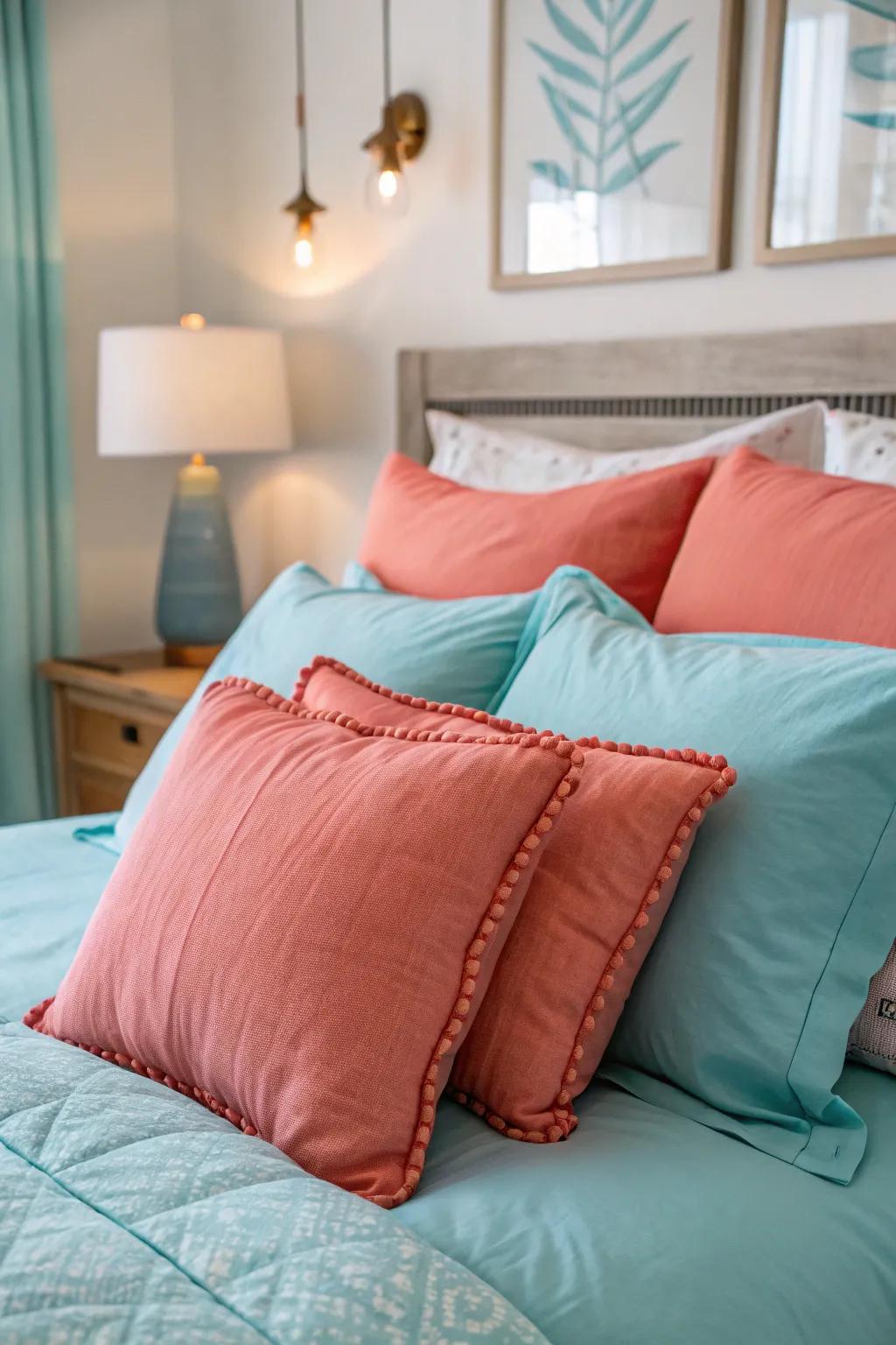 Coral-colored accessories add a lively contrast to coastal bedrooms.