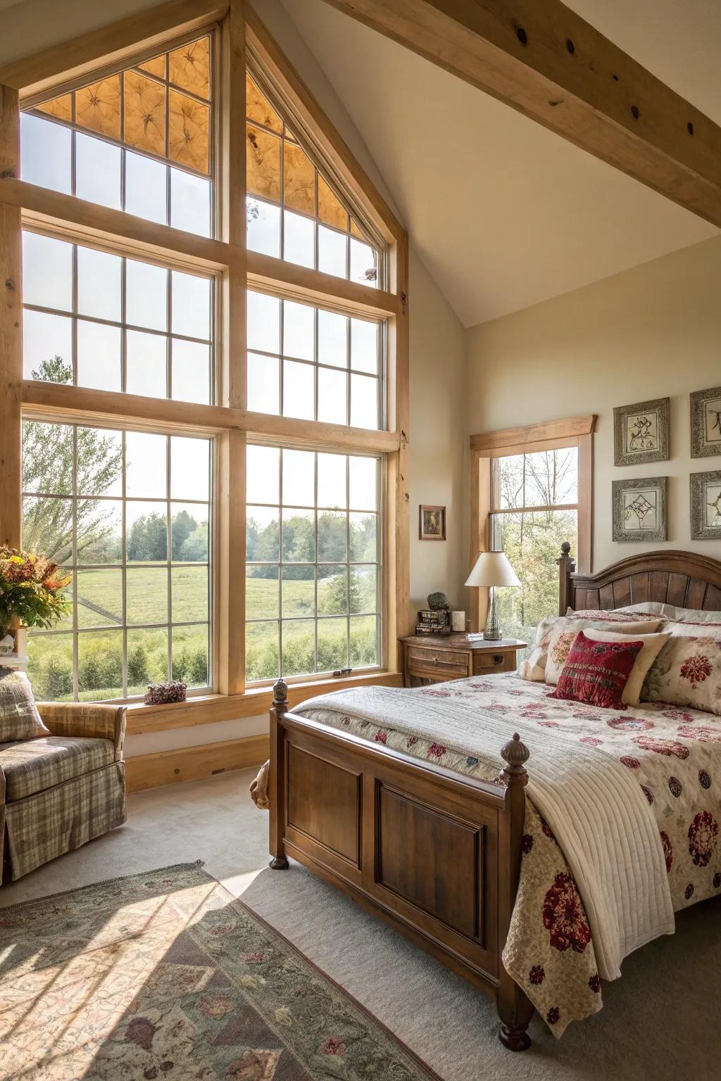 Sunlit farmhouse bedroom showcasing ample natural light