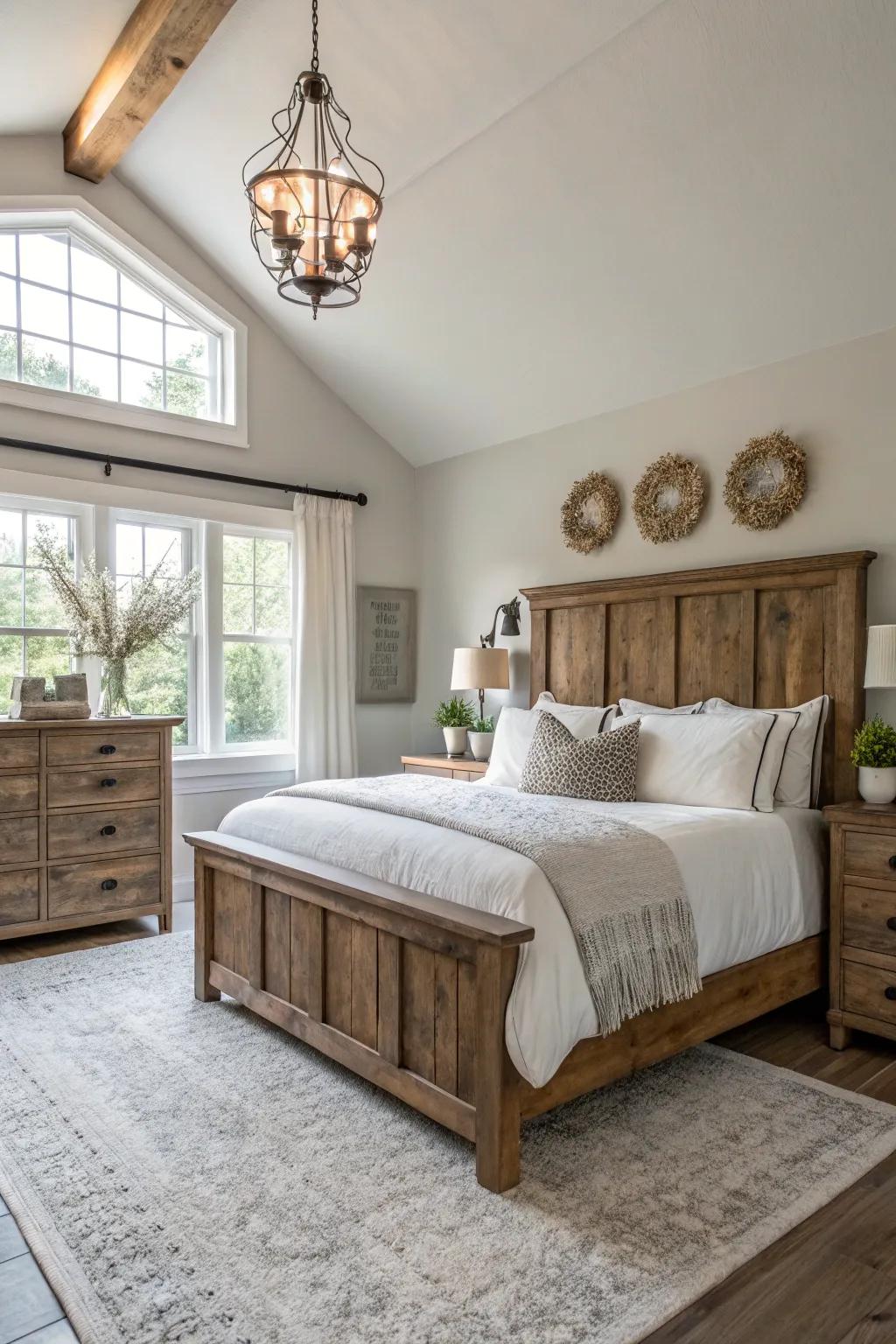 Modern farmhouse bedroom combining sleek and rustic elements