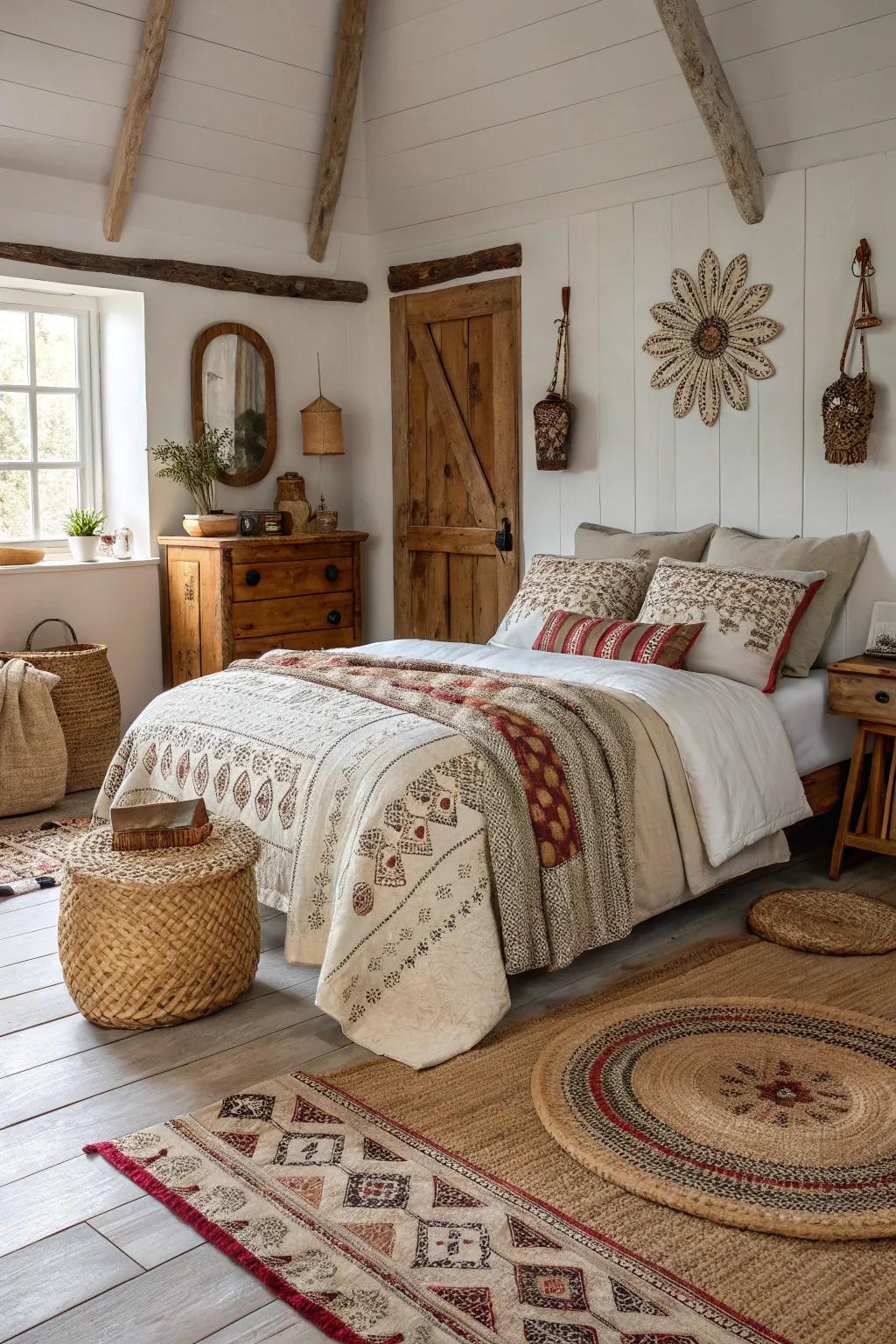 Farmhouse bedroom with diverse textures and materials
